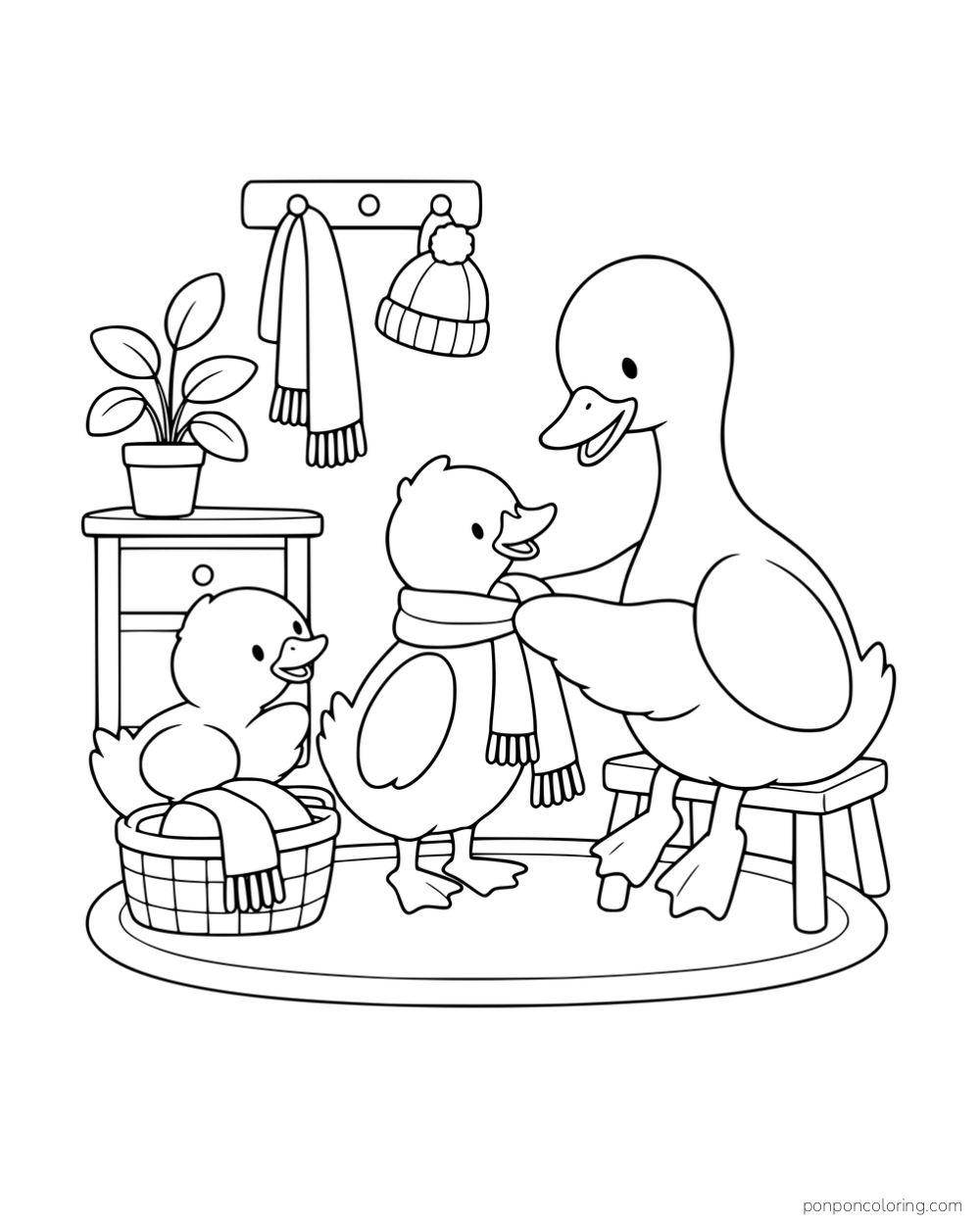 A larger duck wrapping a scarf around another duck while a duckling sits in a basket beside them.