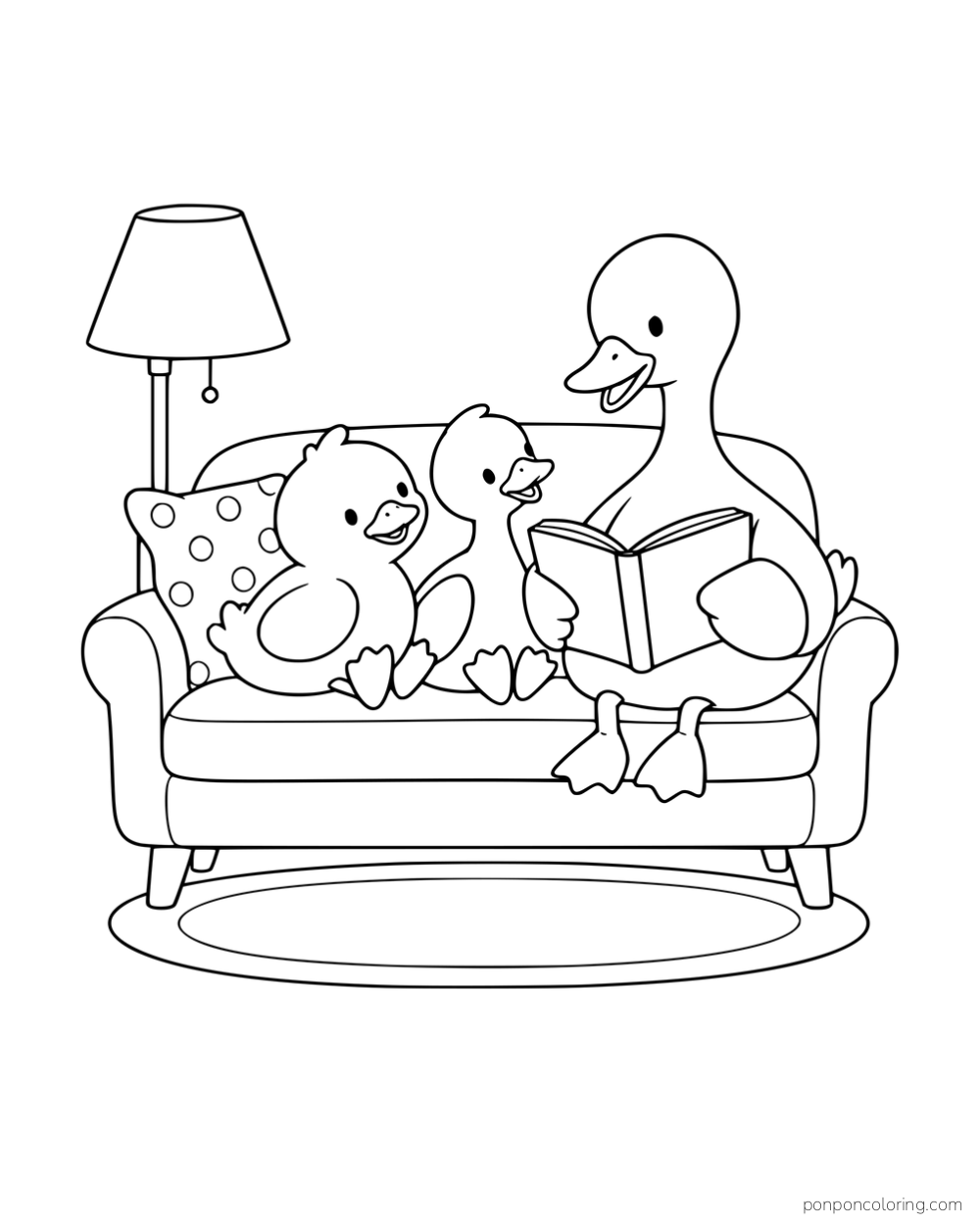 A larger duck reading an open book to two ducklings on a sofa beside a floor lamp.