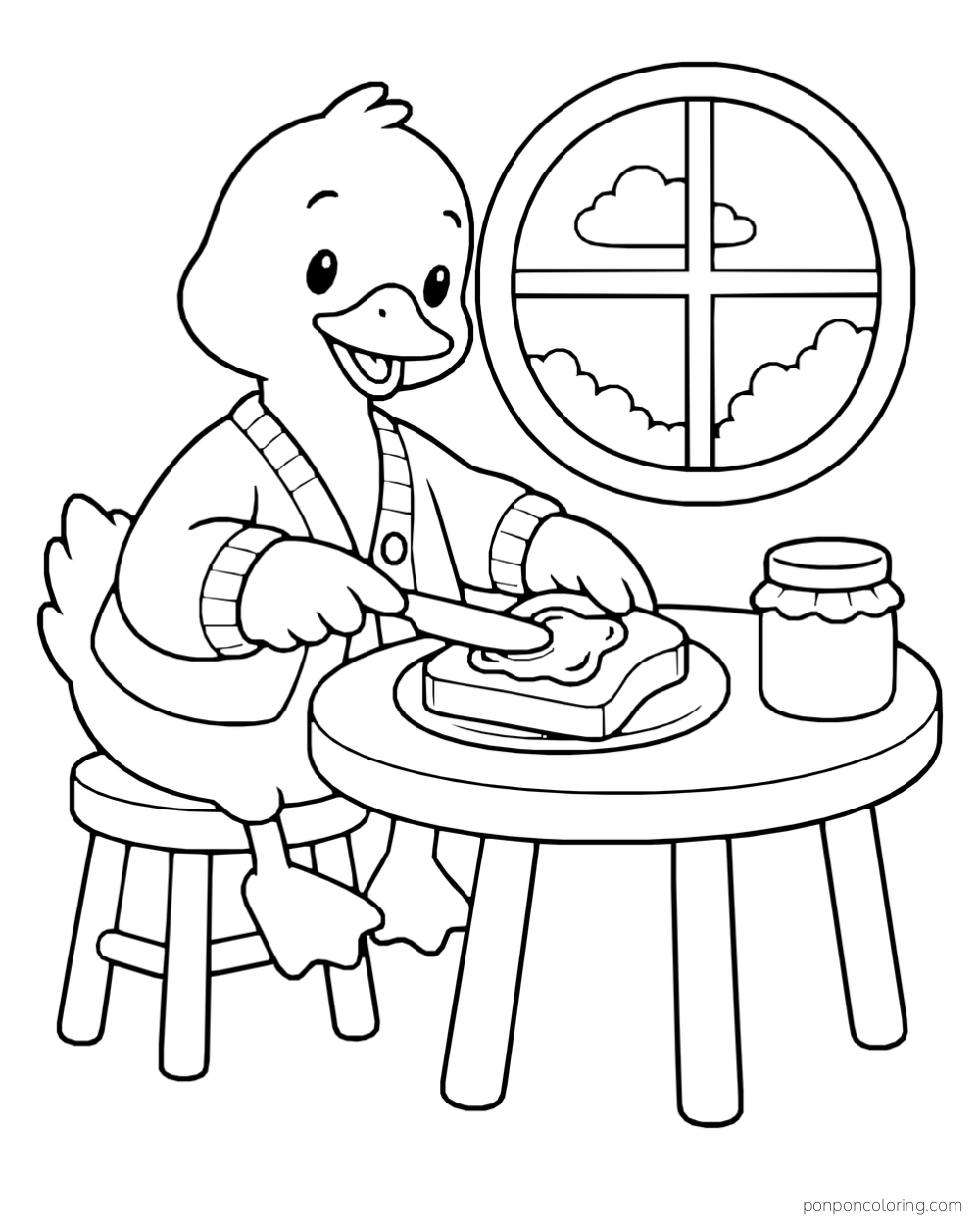 A duck in a scarf uses a knife on toast at a round table beside a jar and circular window.