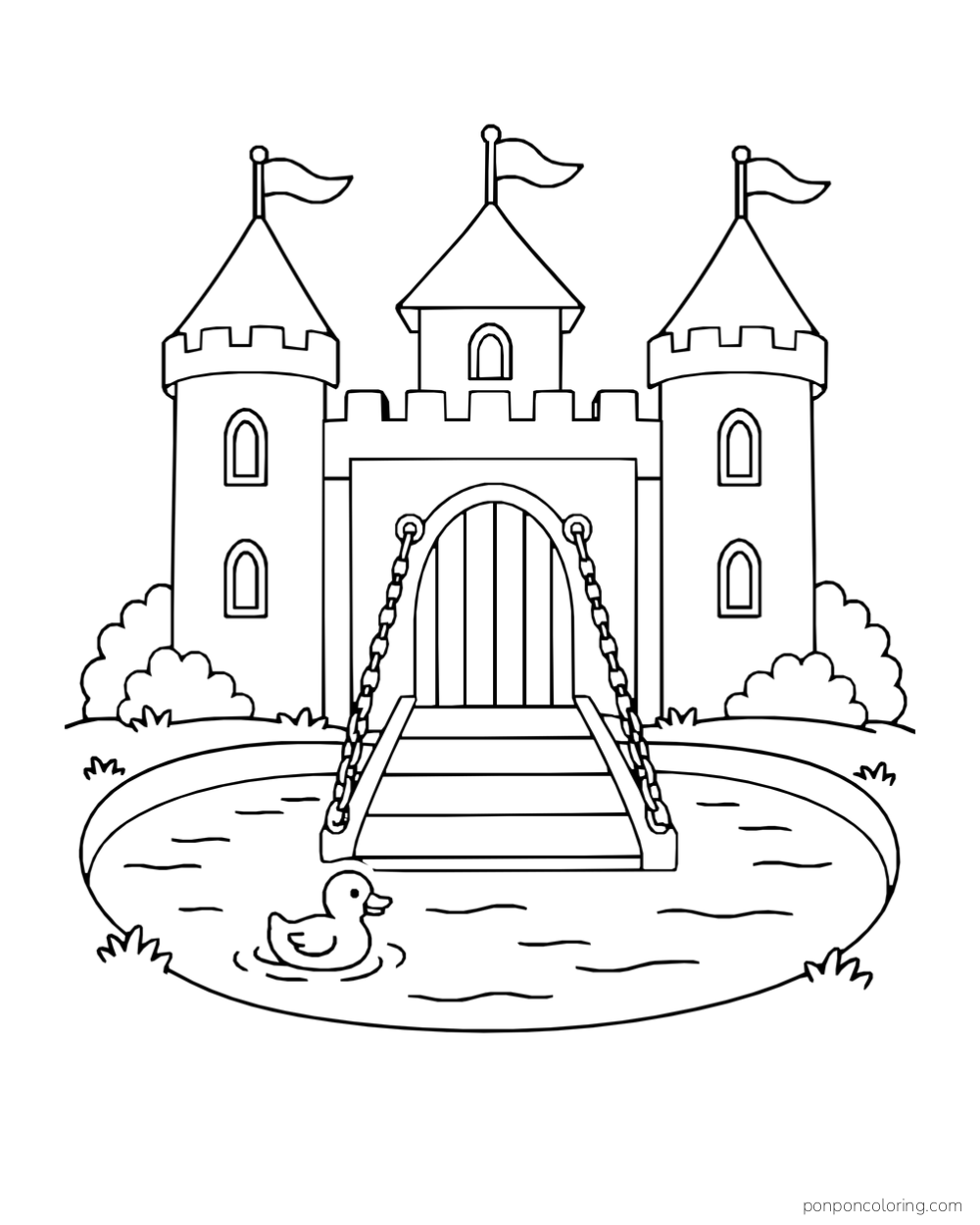 A duck swimming in a moat below a chained drawbridge and a three-towered castle gate.