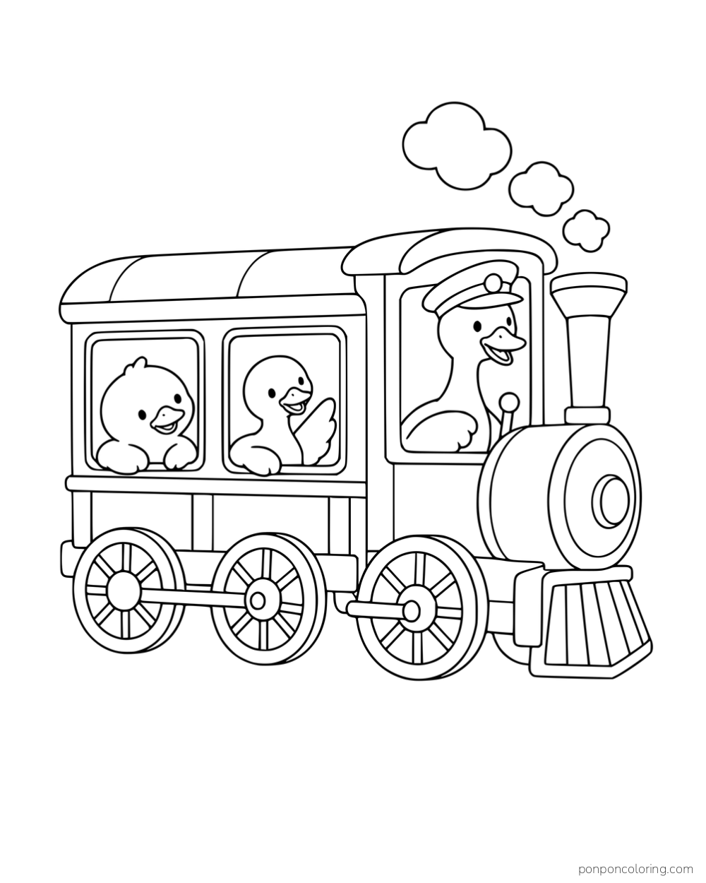 Two ducklings looking out of train windows while a duck conductor rides in the front cab.