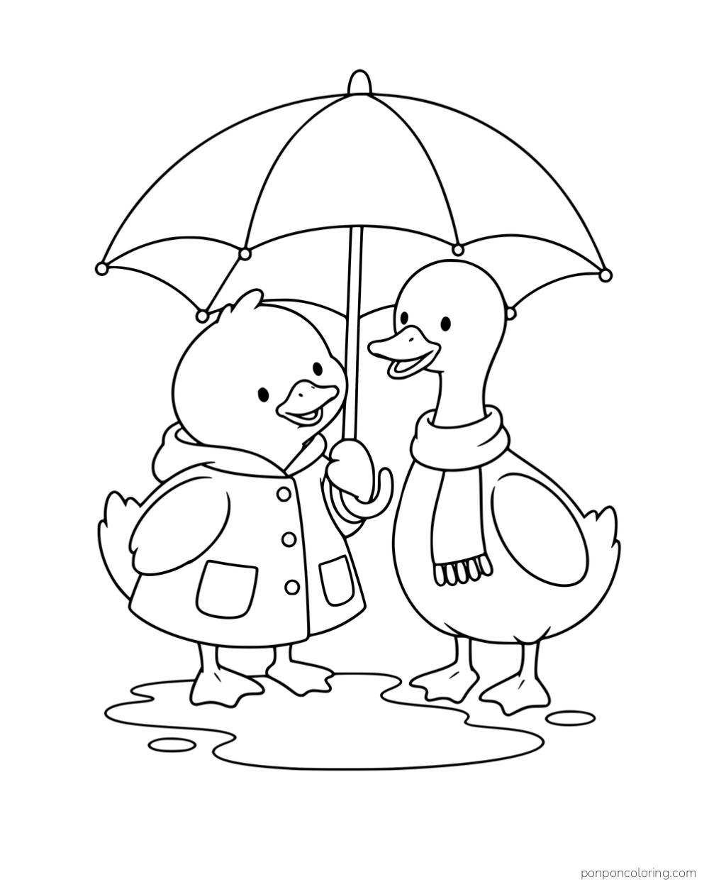 Two ducks sharing an umbrella, one in a raincoat and one wearing a scarf, beside a puddle.