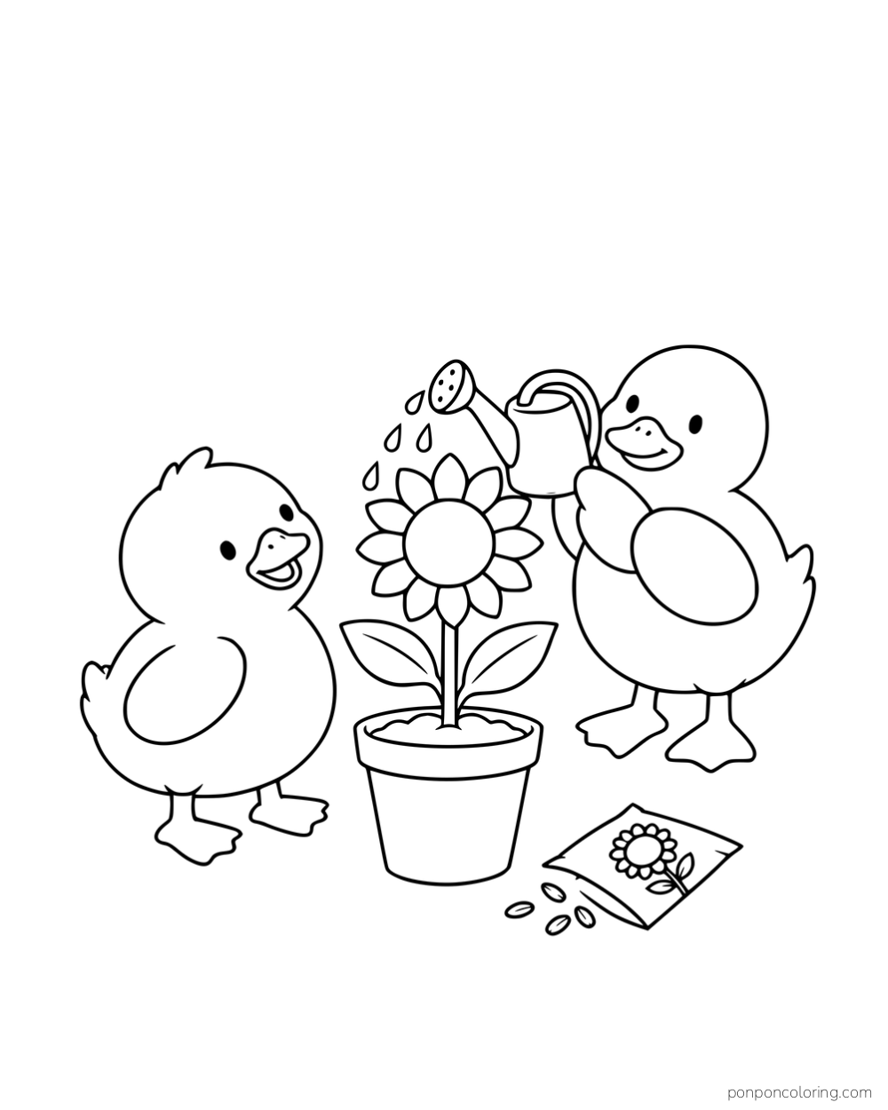 Two ducks watering a sunflower in a pot beside an open seed packet.