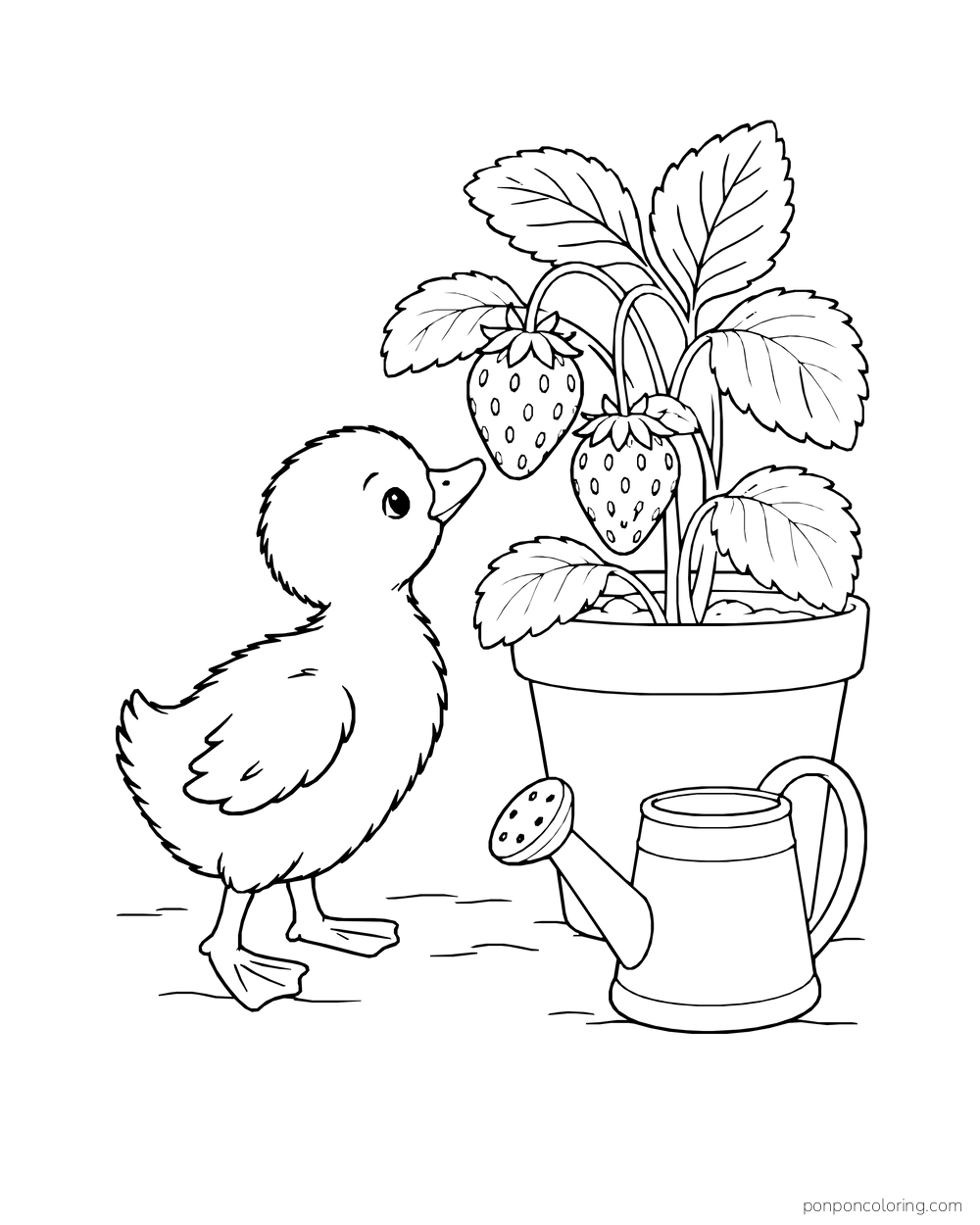 A duckling looks up at berries on a potted strawberry plant beside a small watering can.