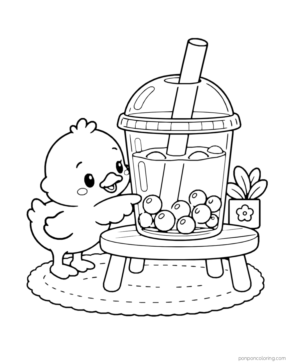 A duckling stands beside a large boba cup on a low table and looks at the pearls.