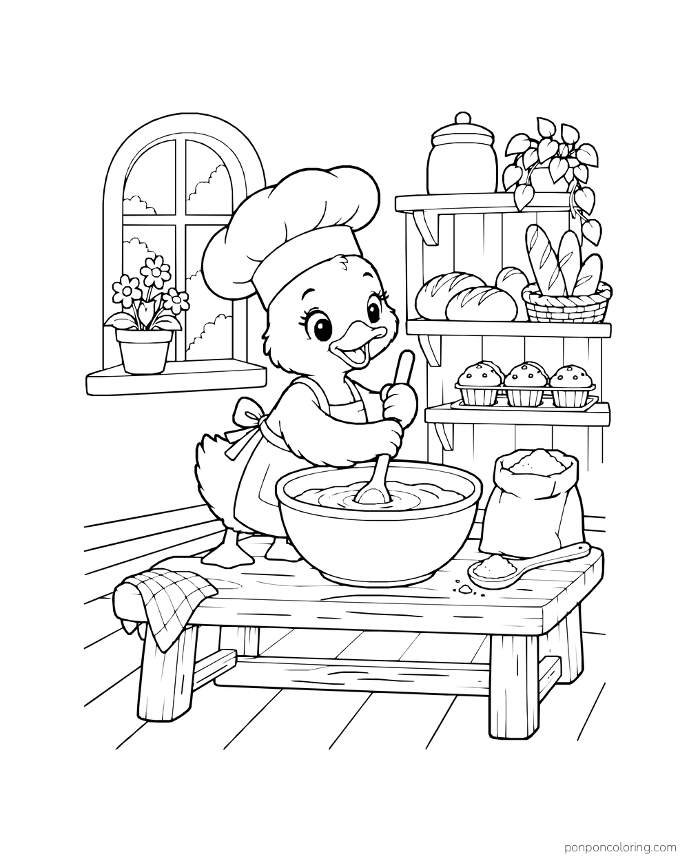A duckling baker stirs a large mixing bowl at a low wooden table.