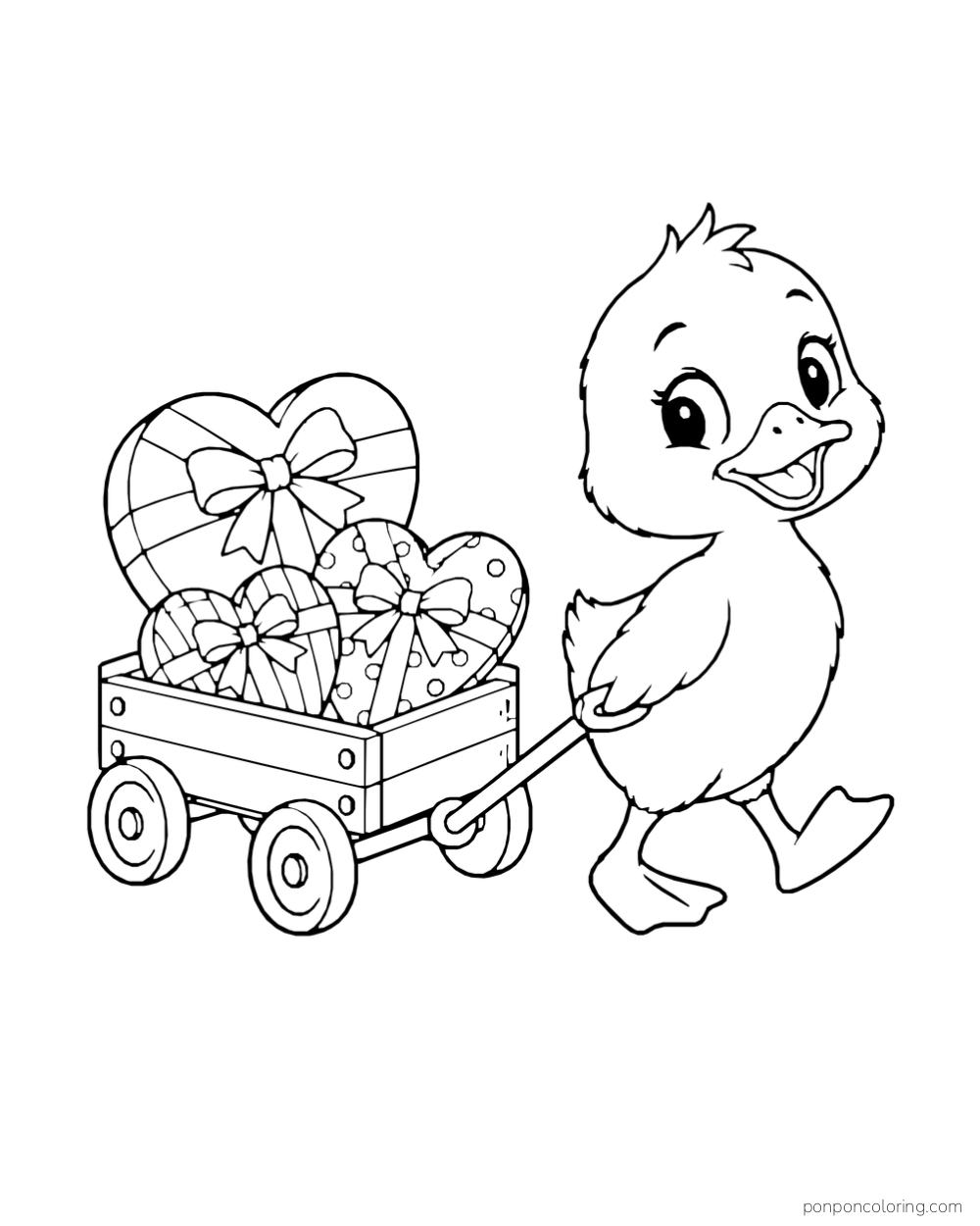 A duckling pulls a wooden wagon filled with heart-shaped presents tied with bows.