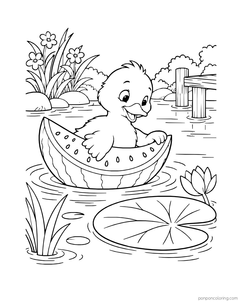 A duckling riding in a hollow watermelon rind on a pond beside a large lily pad.