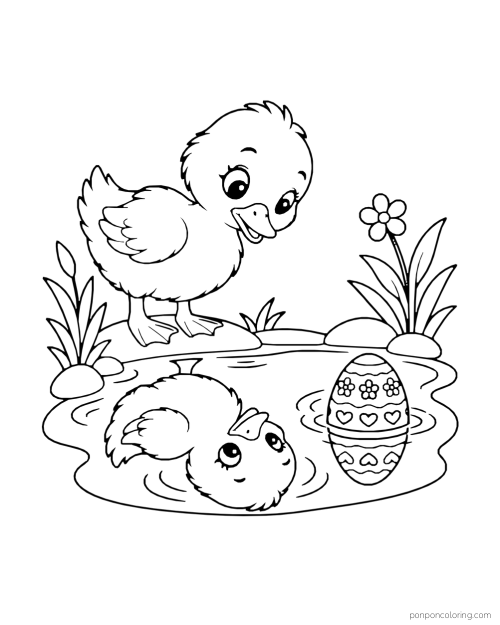 A duckling looks into a pond beside a flower-patterned egg, with both reflected in the water.