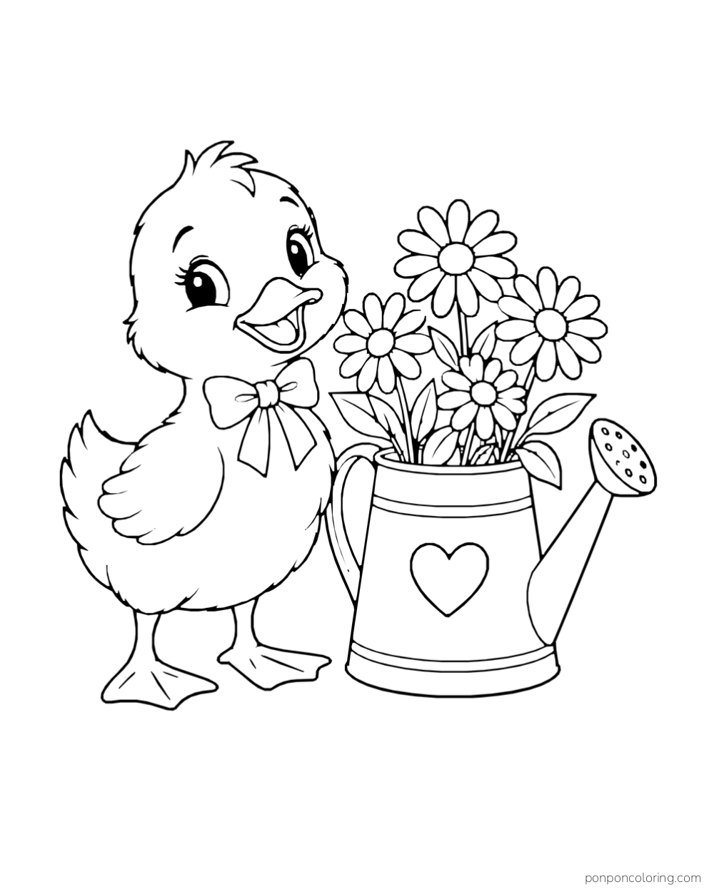 A duckling wearing a bow stands beside a watering can filled with daisies.