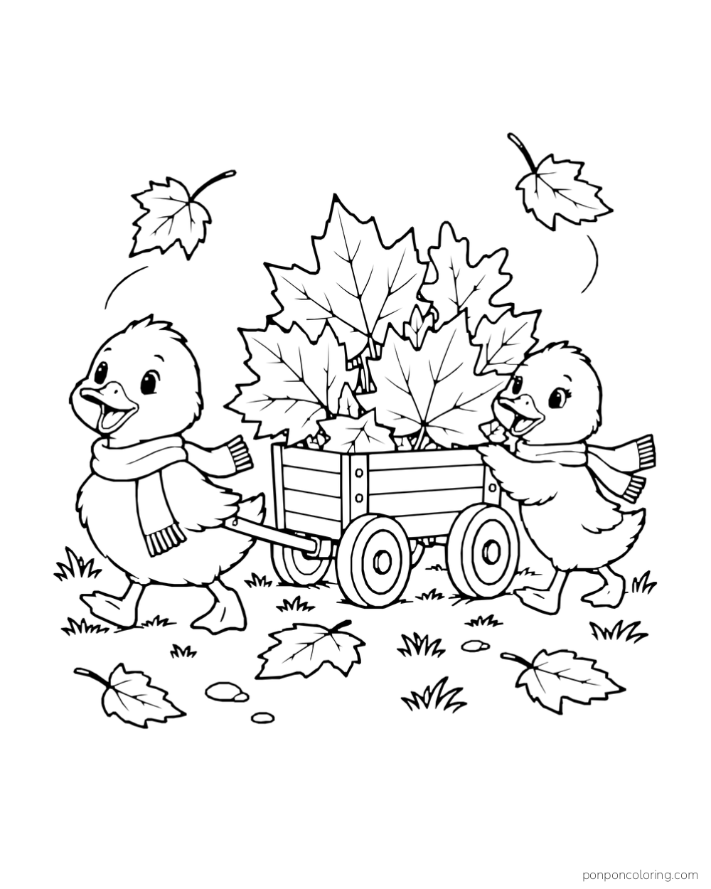 Two scarf-wearing ducklings pull a small wagon piled with fall leaves.