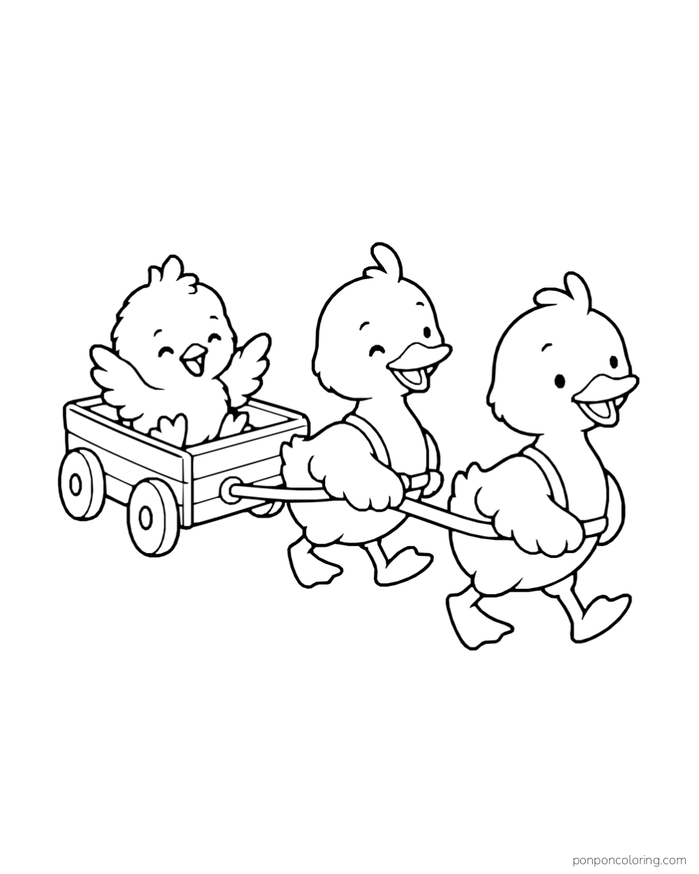 Two ducklings pull a small wagon carrying a chick.