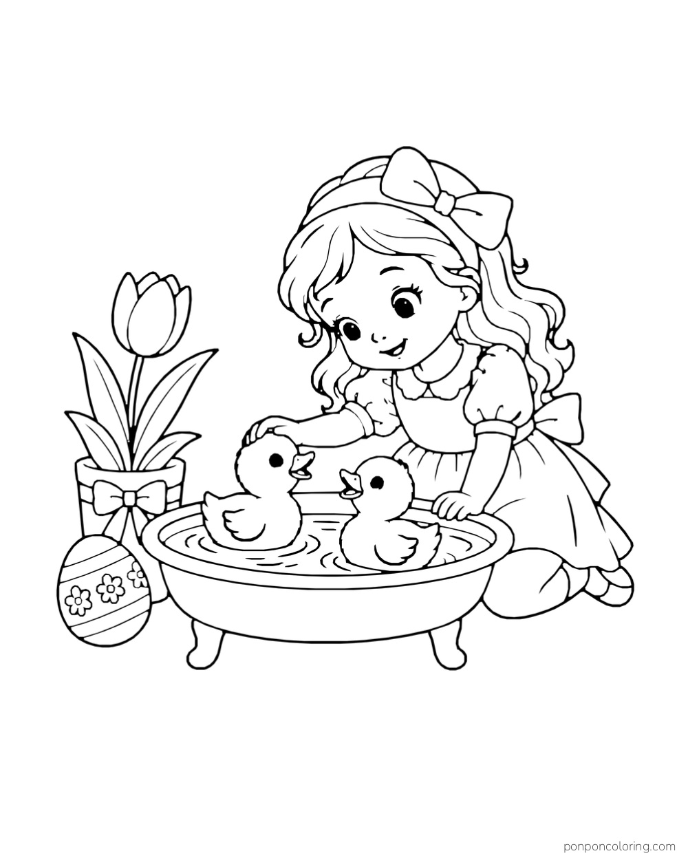A girl pets two ducklings in a small bath beside a potted tulip and patterned Easter egg.
