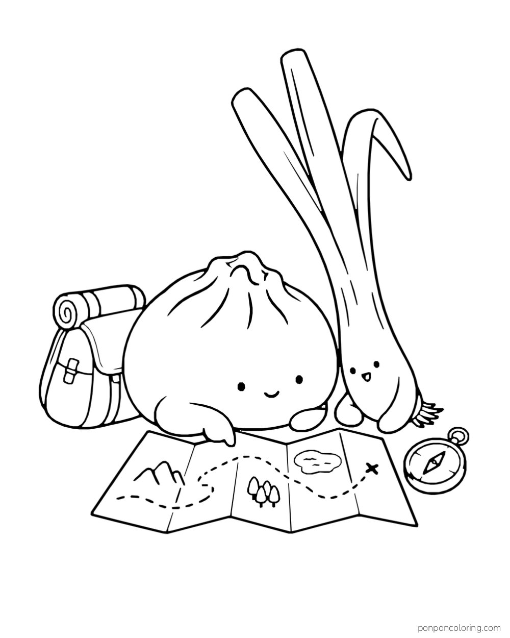 A dumpling and scallion look over an unfolded map beside a backpack and compass.