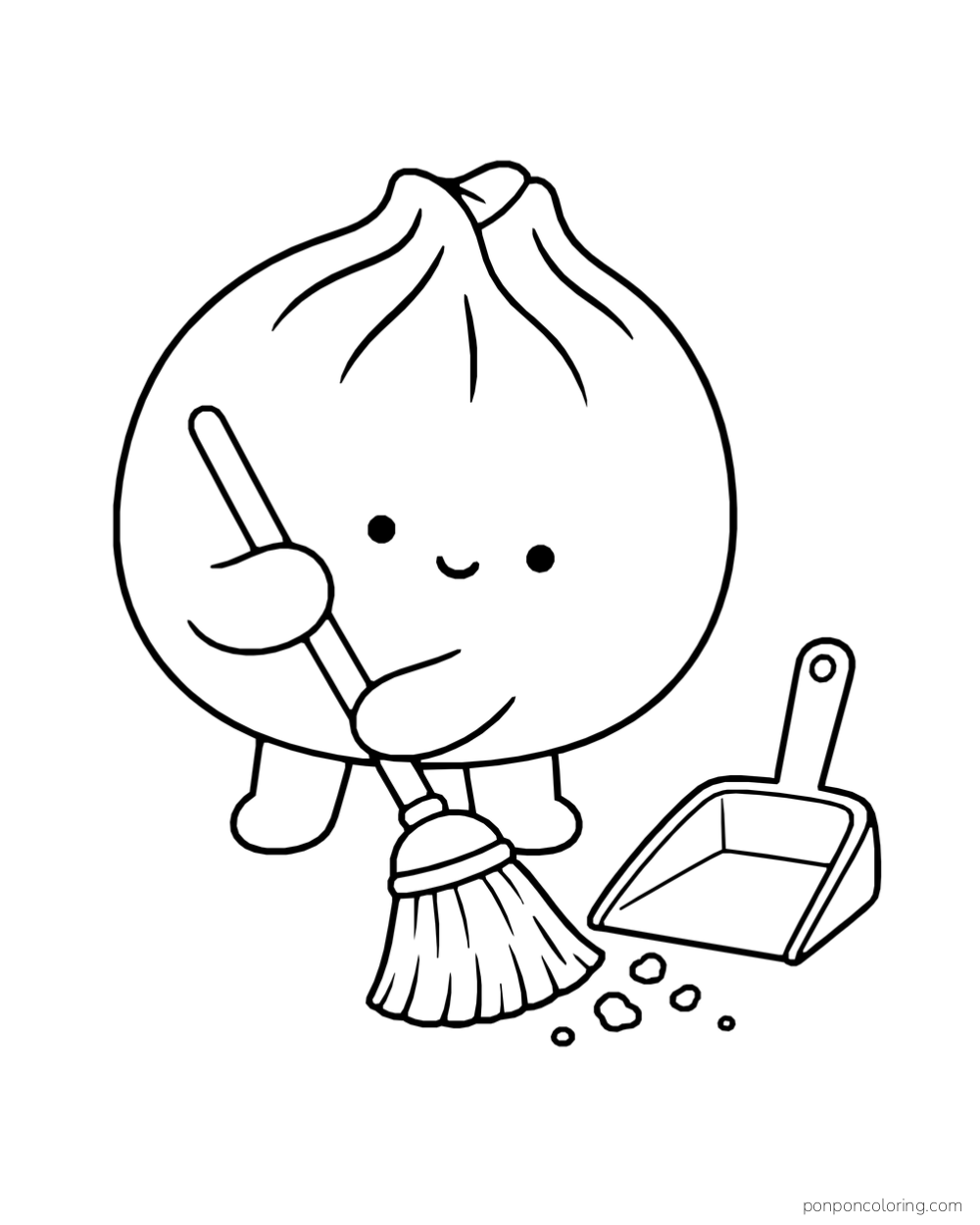 A dumpling sweeps crumbs toward a dustpan with a small broom.