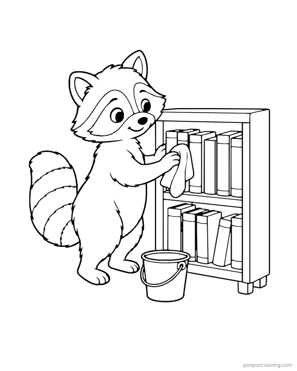 A raccoon wiping books on a low shelf with a cloth and a small pail nearby.