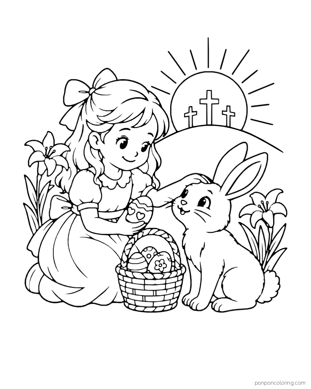 A child pets a rabbit beside an Easter basket, with lilies and three crosses against the rising sun.