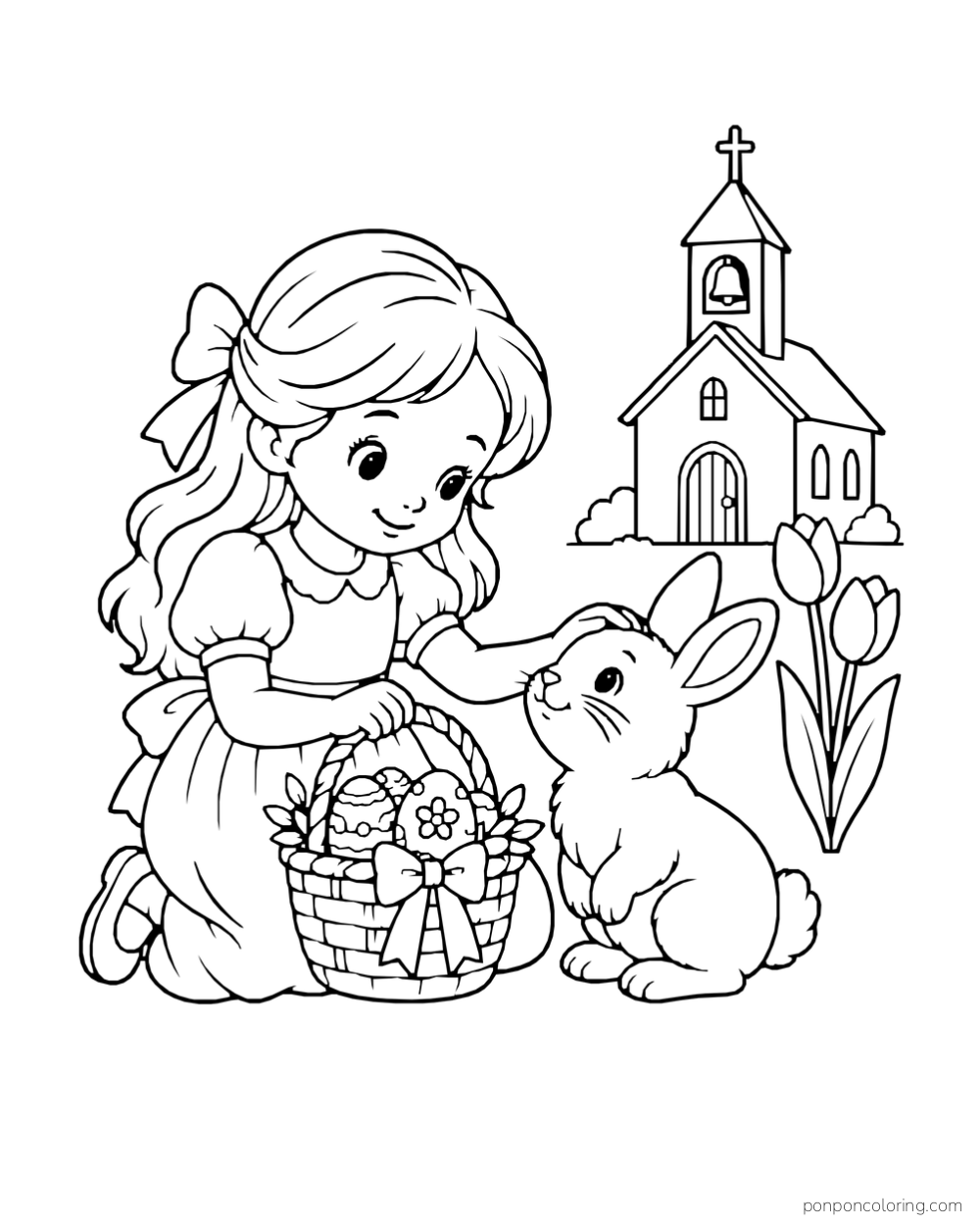 A child pets a rabbit beside an Easter basket, with a small church and tulips behind them.