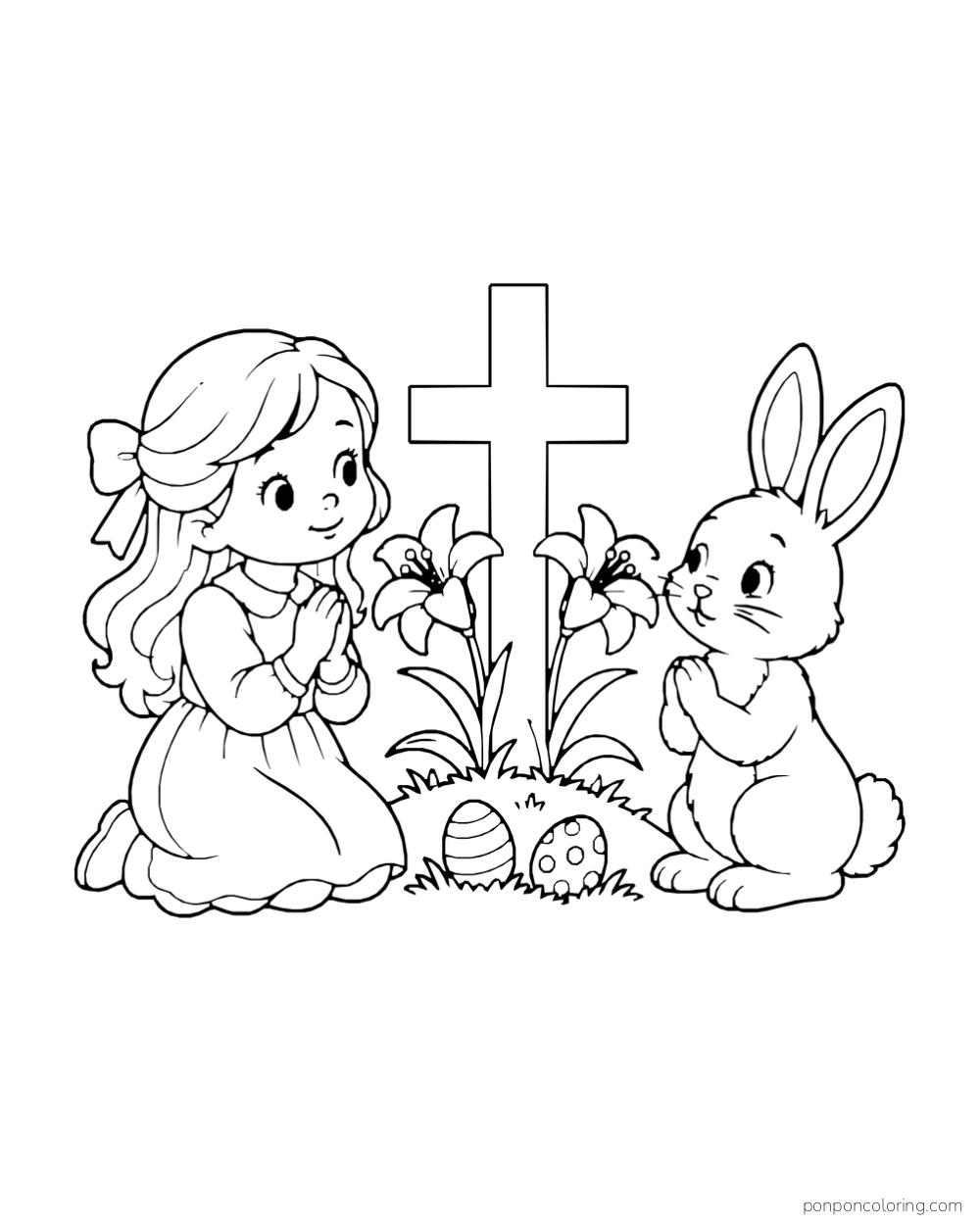 A child and rabbit kneel beside a cross surrounded by Easter lilies and decorated eggs.