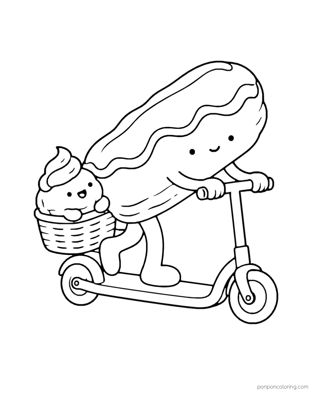 An eclair rides a scooter with a cream puff sitting in the rear basket.