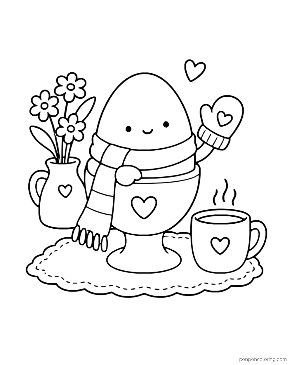 An egg wears a scarf and mittens beside a mug and a vase.