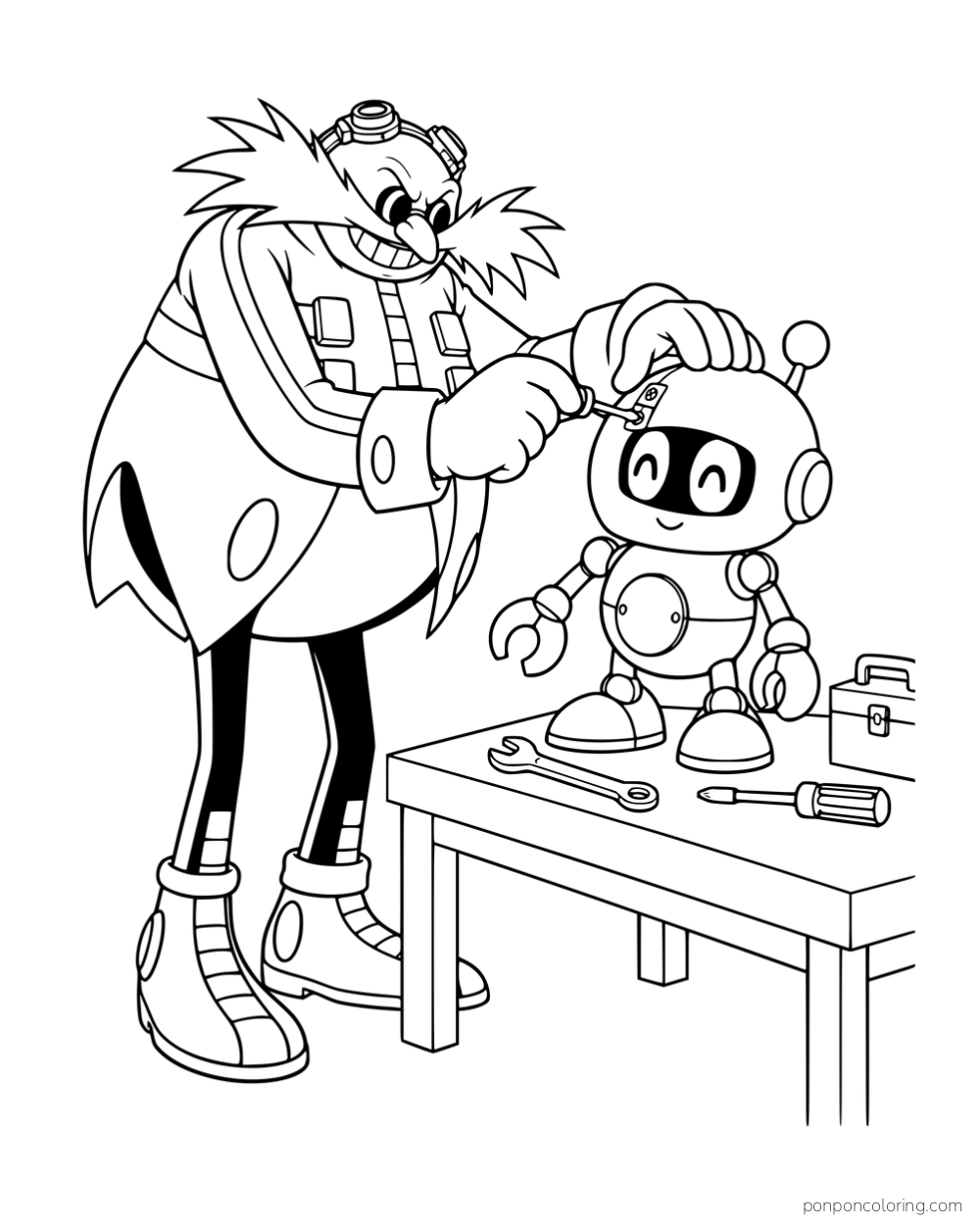 Eggman working on a small robot at a workbench.