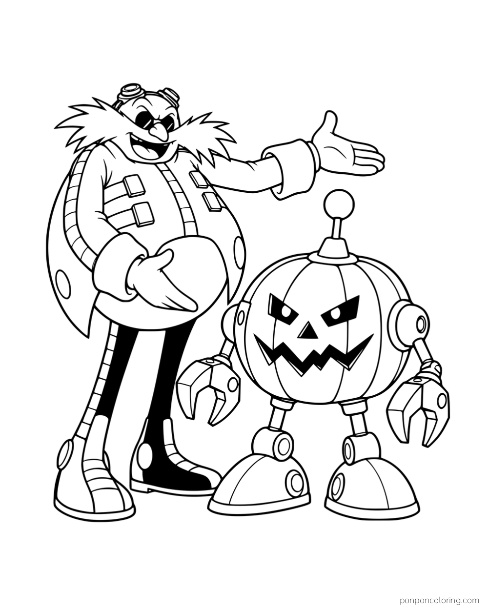 Eggman standing beside a robot with a jack-o'-lantern head.