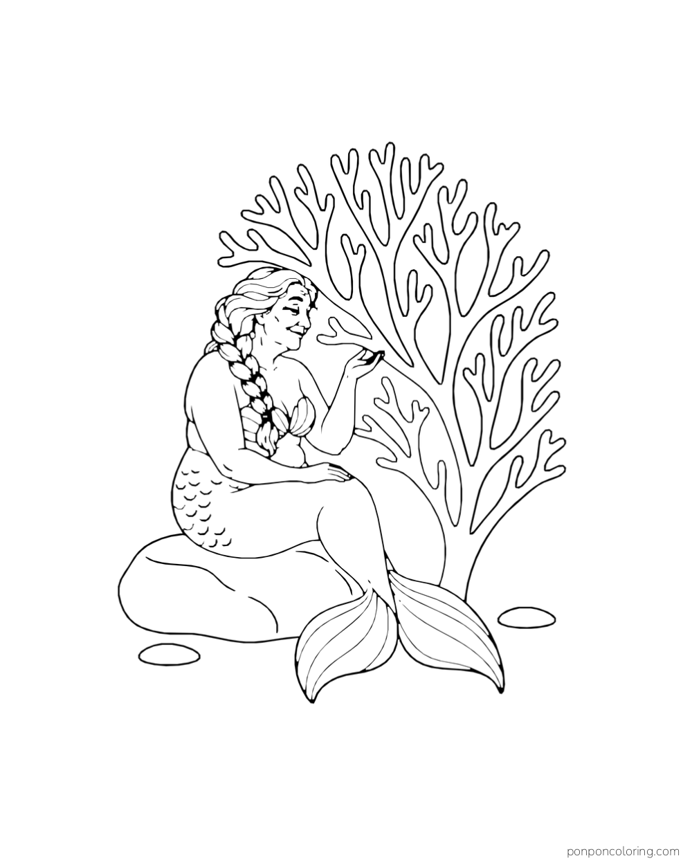 An older mermaid with a long braid rests on a low stone beside one large branching sea fan coral and two pebbles.