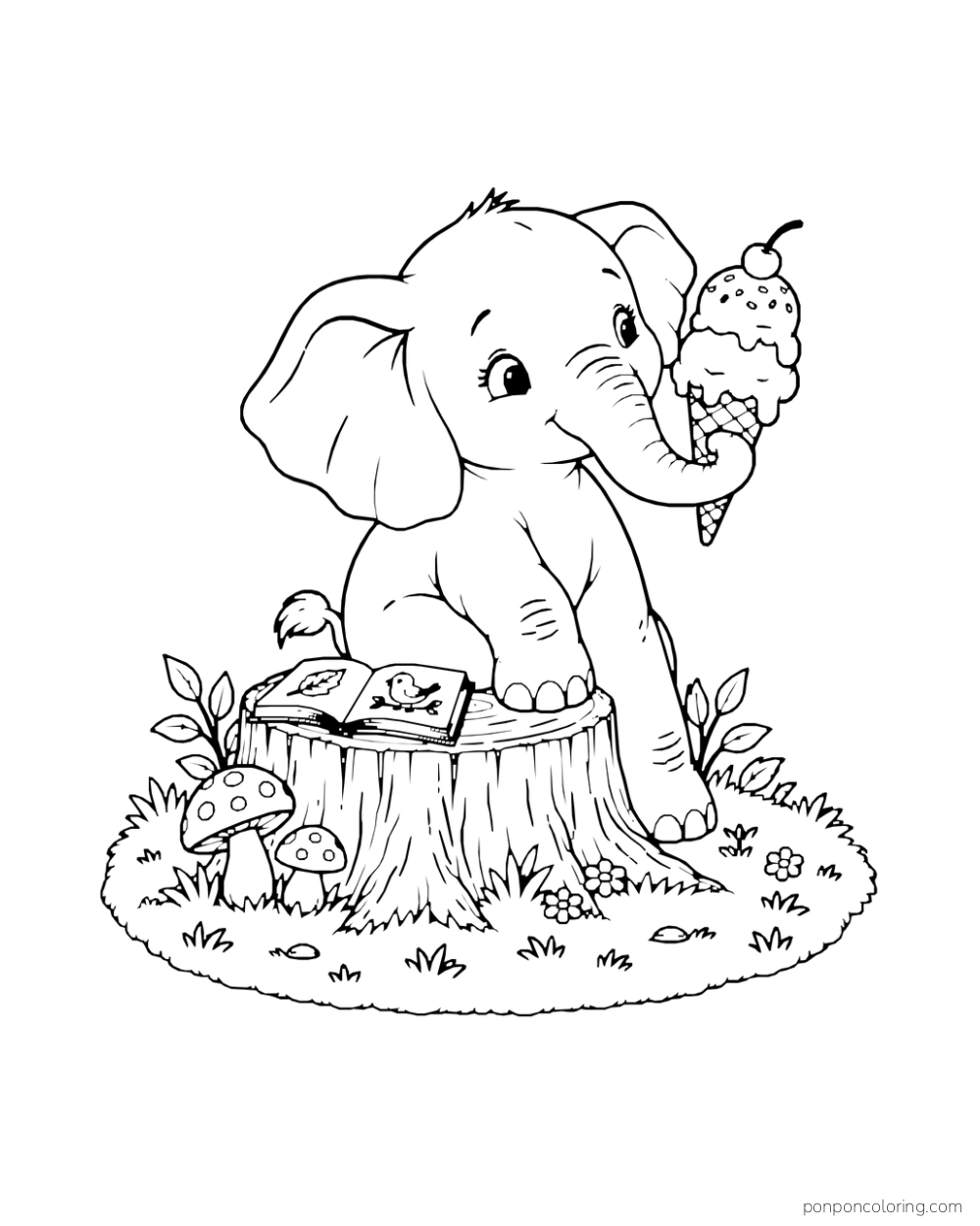 An elephant sits beside a stump and picture book while holding a double-scoop cone with its trunk.
