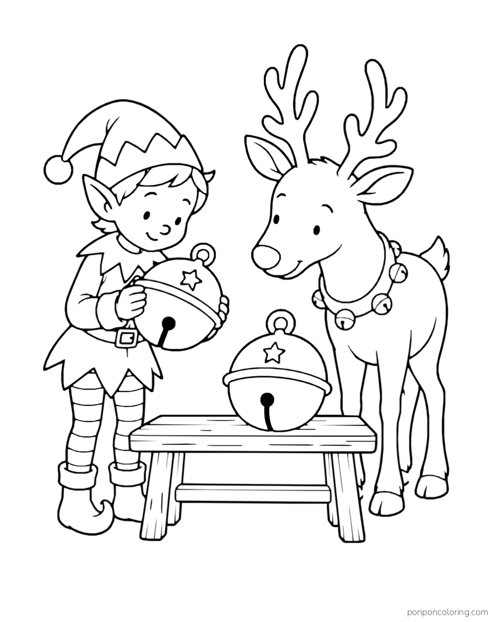 An elf holds a large bell beside a reindeer and a second bell on a wooden bench.