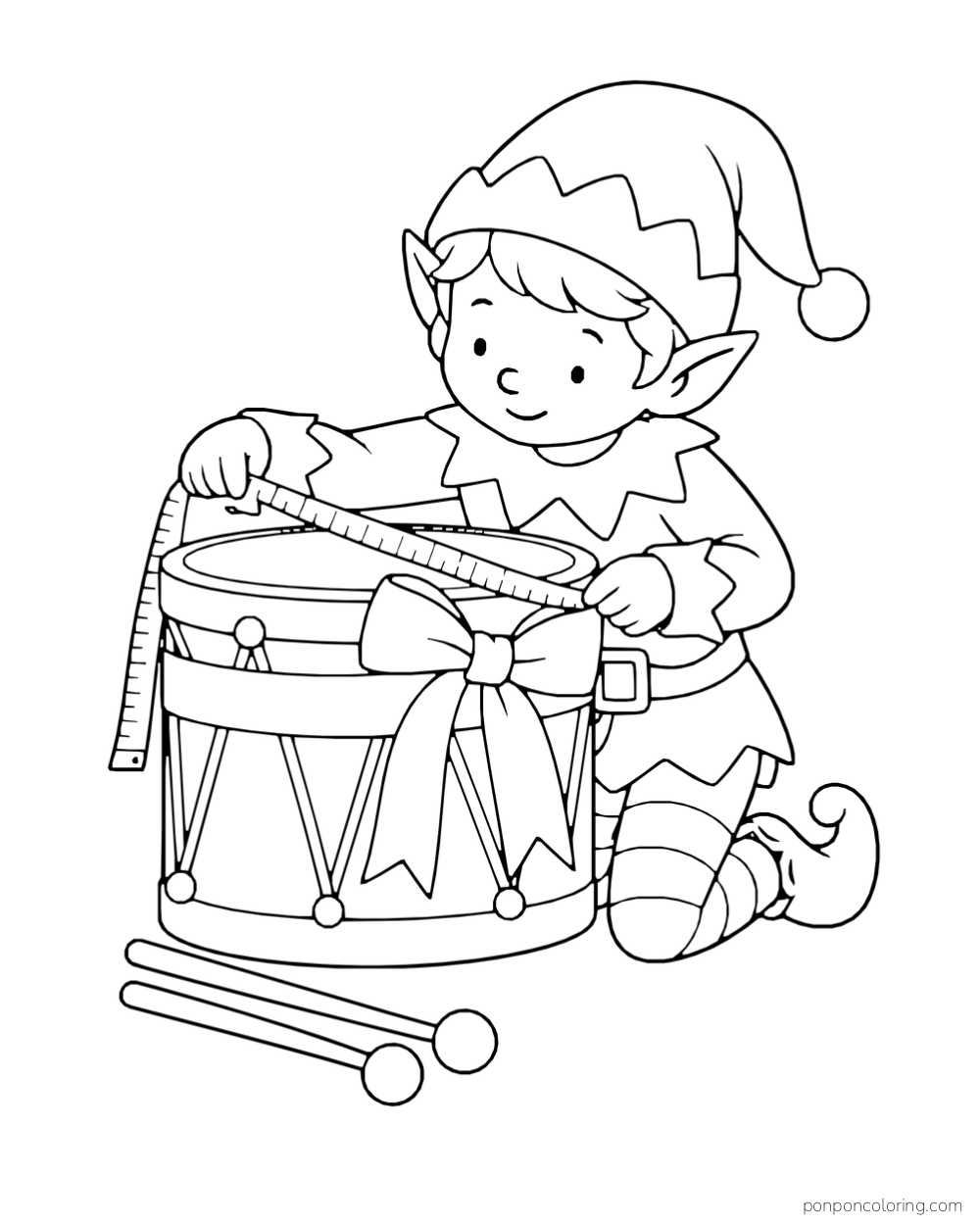 An elf measures a ribbon-wrapped toy drum beside two drumsticks.