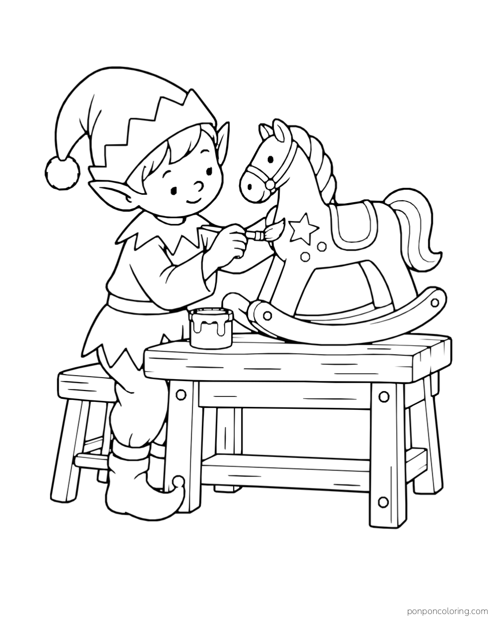 An elf paints a wooden rocking horse at a small workbench with a paint pot.