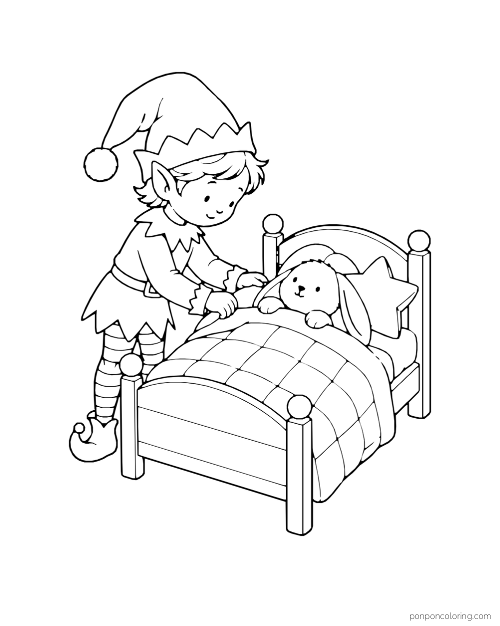 An elf tucks a stuffed rabbit into a small bed with a patchwork quilt and star pillow.