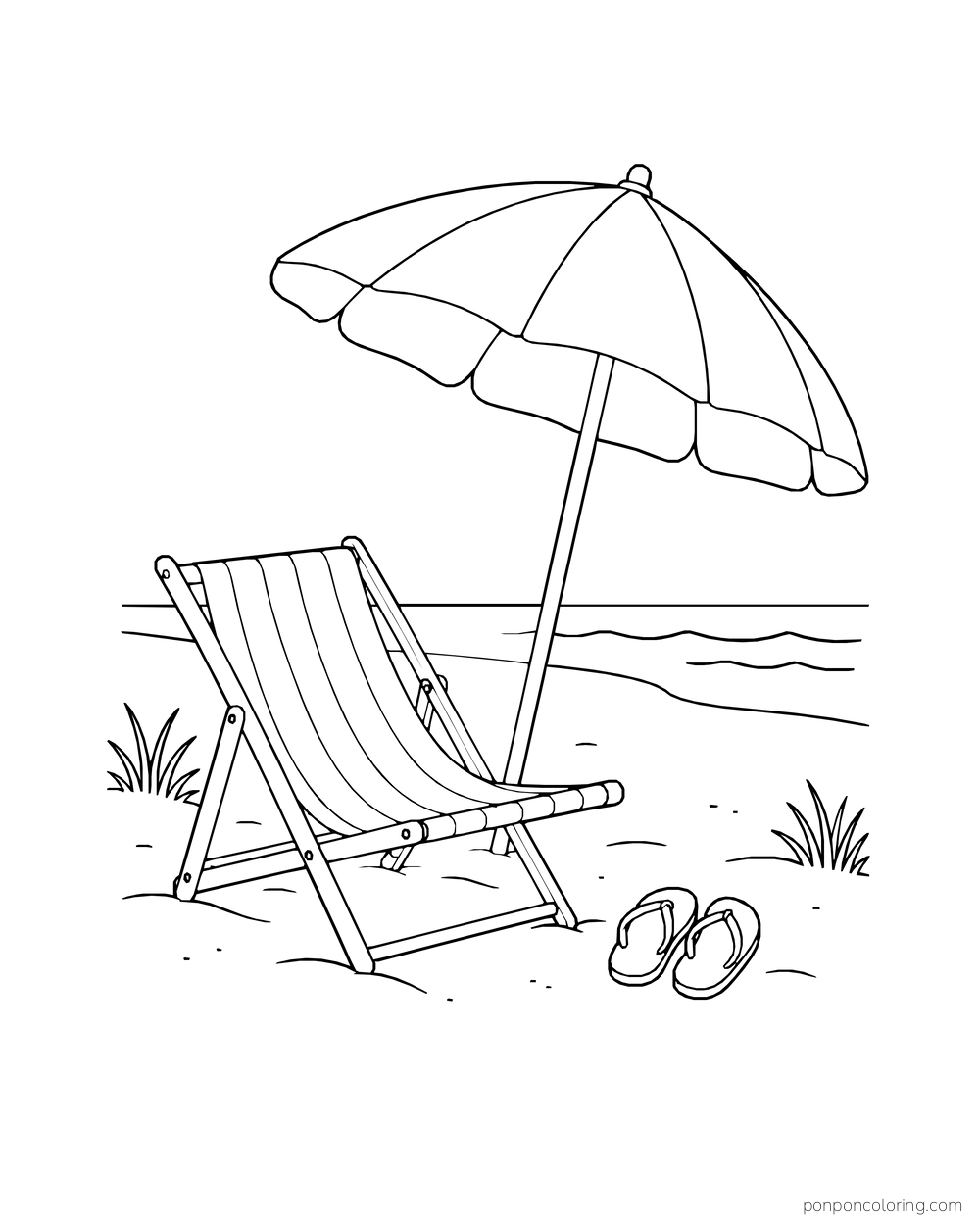 An empty chair and flip-flops rest beneath a broad beach parasol.