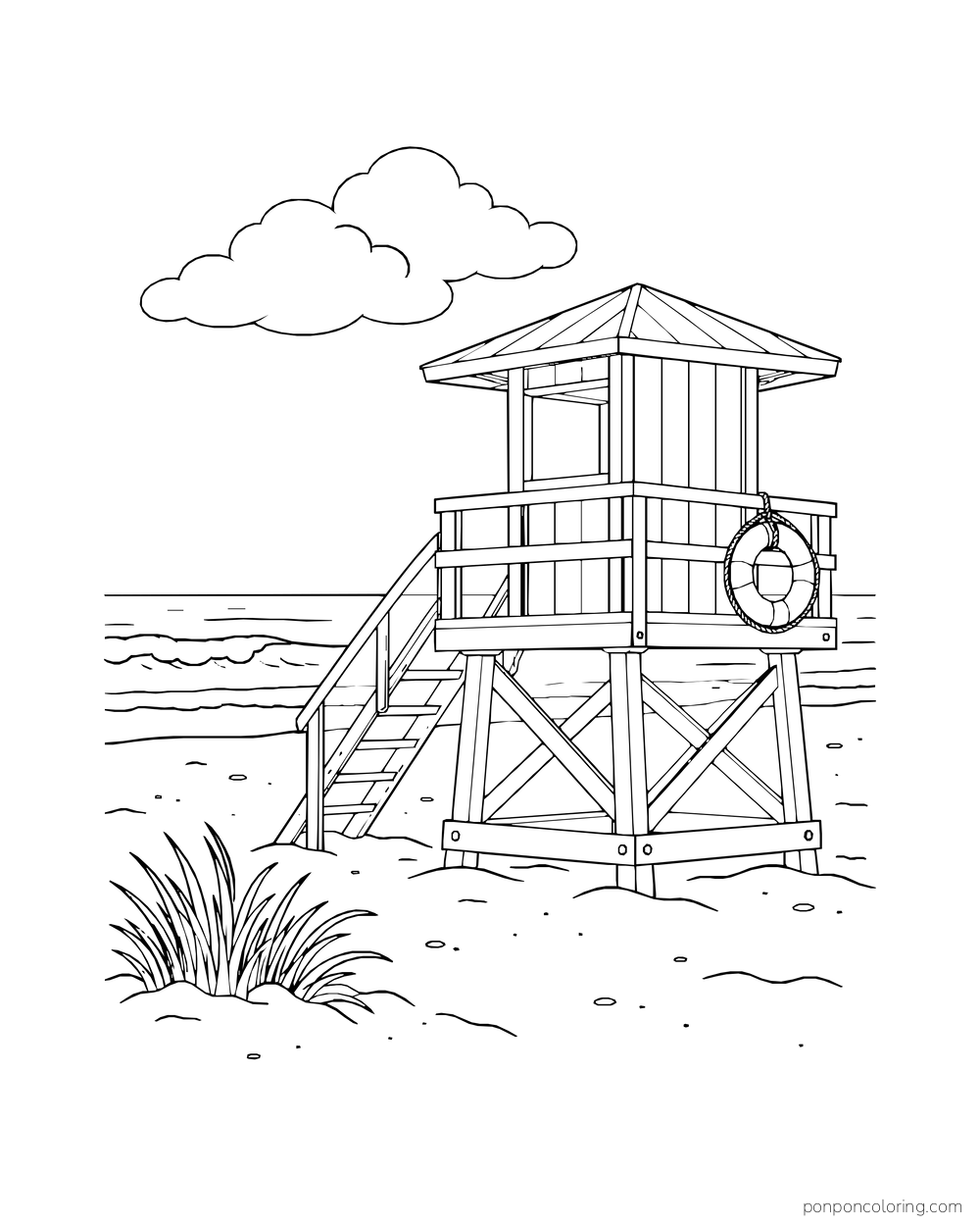 An unoccupied lifeguard tower stands above the sand with a ring buoy on its rail.