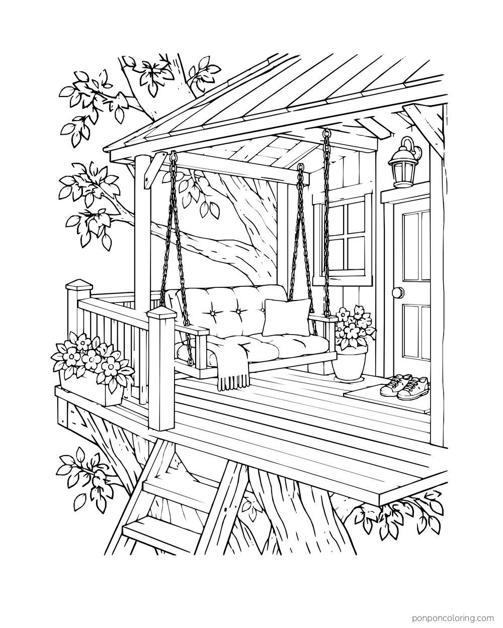 A cushioned swing hangs from a treehouse porch roof with shoes beside the cabin door.