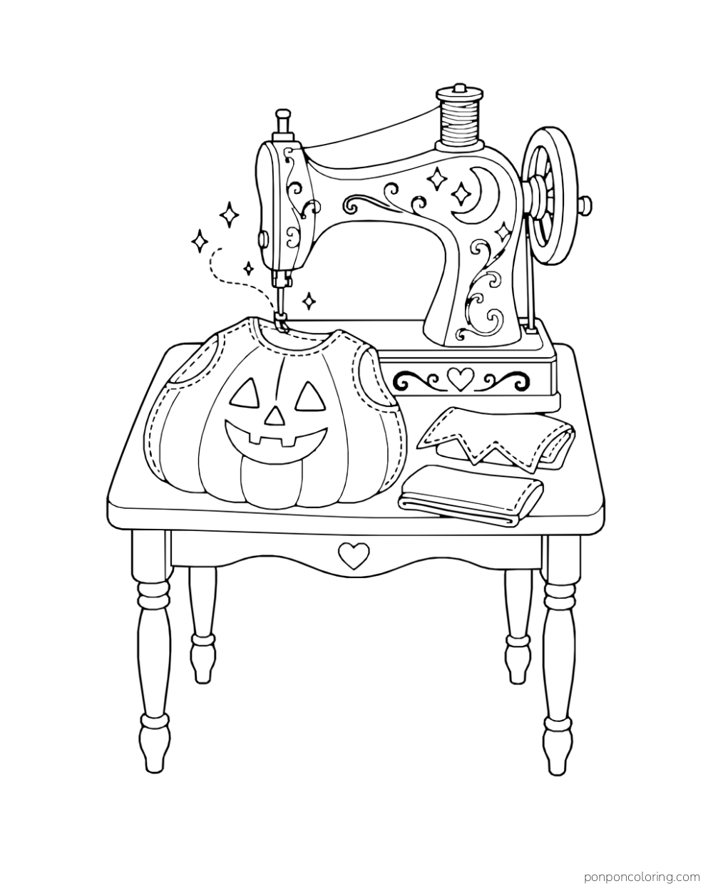 An enchanted sewing machine stitches a jack-o-lantern costume beside two folded fabric pieces on a worktable.
