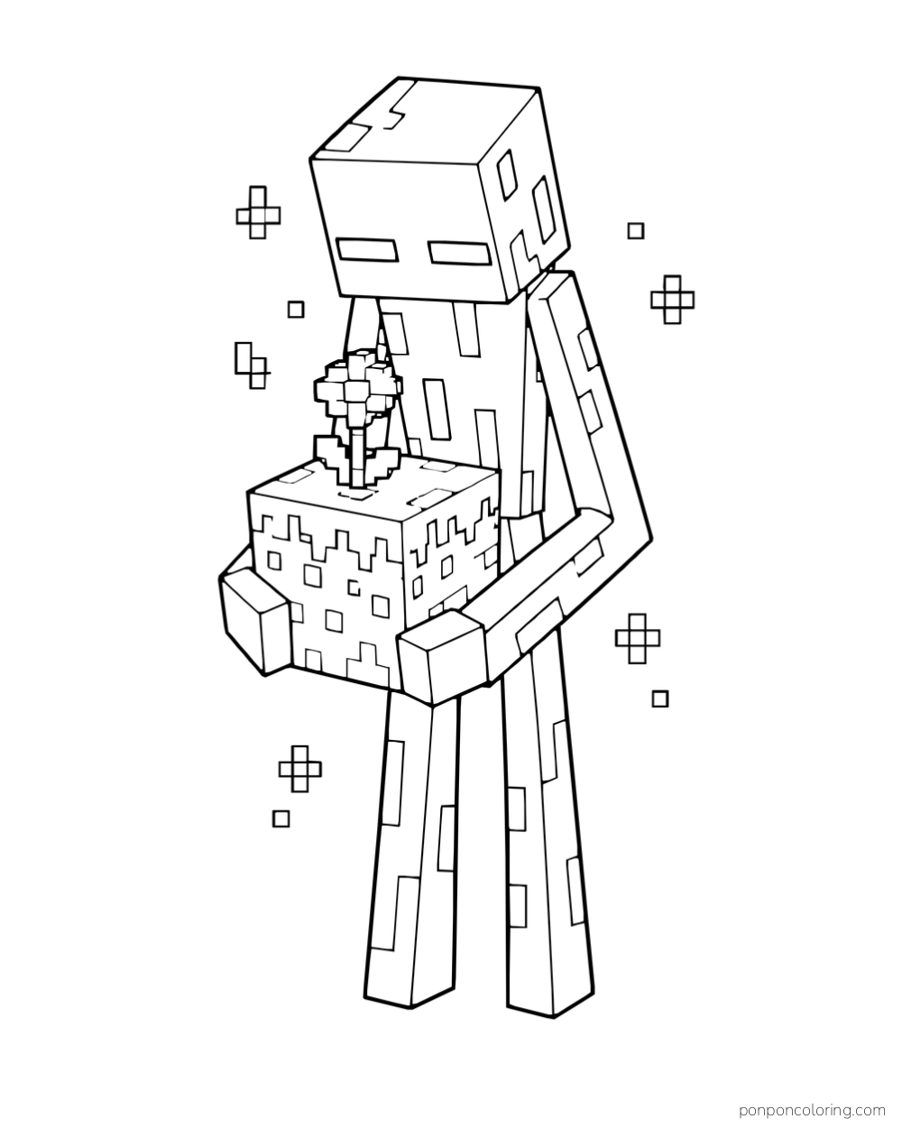 A tall Enderman carries a grass block with a flower, surrounded by tiny square particles.