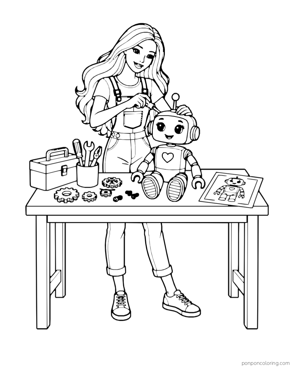 Barbie works on a friendly toy robot at a workbench with gears, tools, a toolbox and plans.