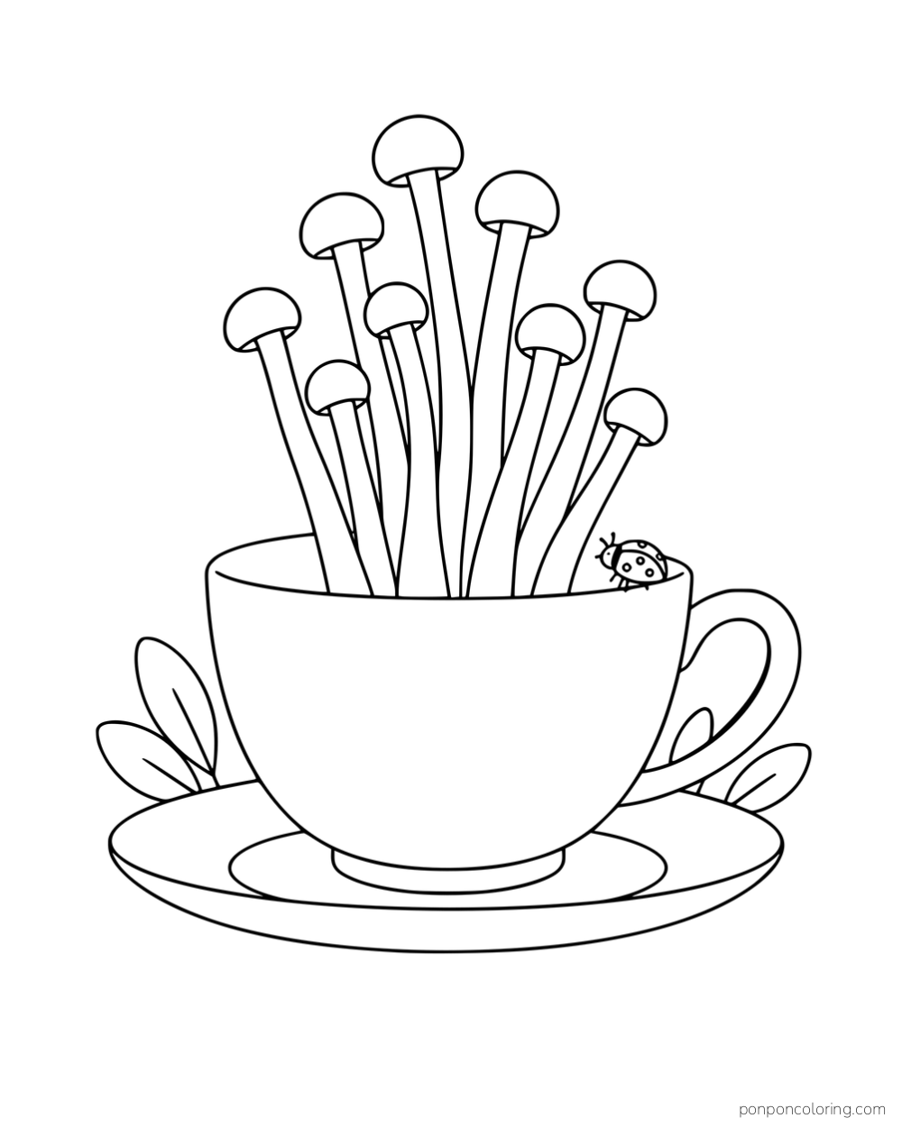 Long-stemmed enoki mushrooms growing in a teacup with a ladybug on the rim.