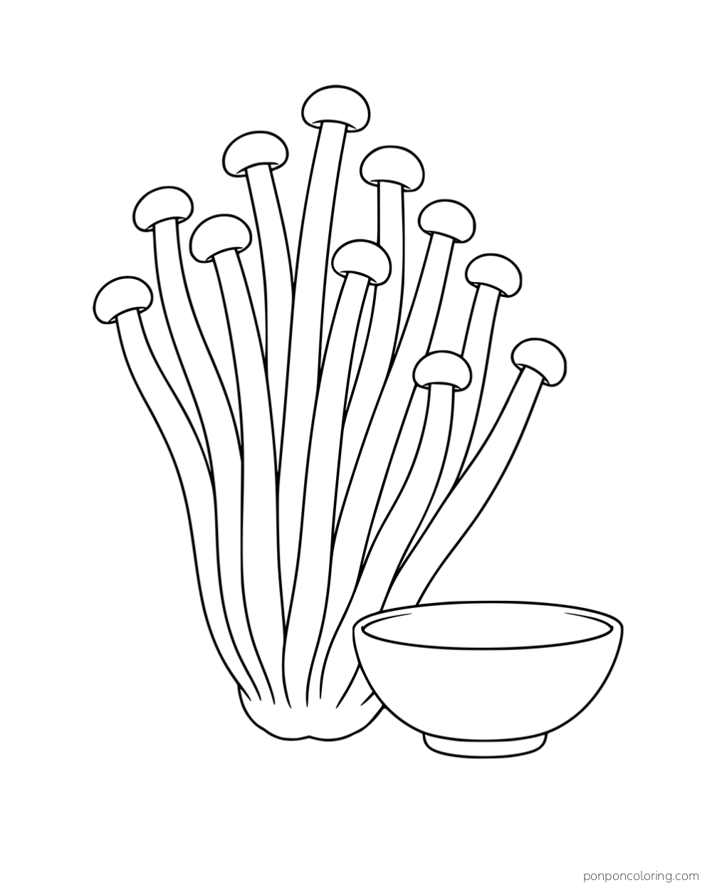 A cluster of long-stemmed enoki mushrooms with tiny round caps beside a small bowl.