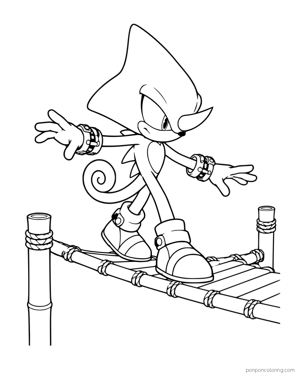 Espio balancing on a rope bridge with his arms extended.