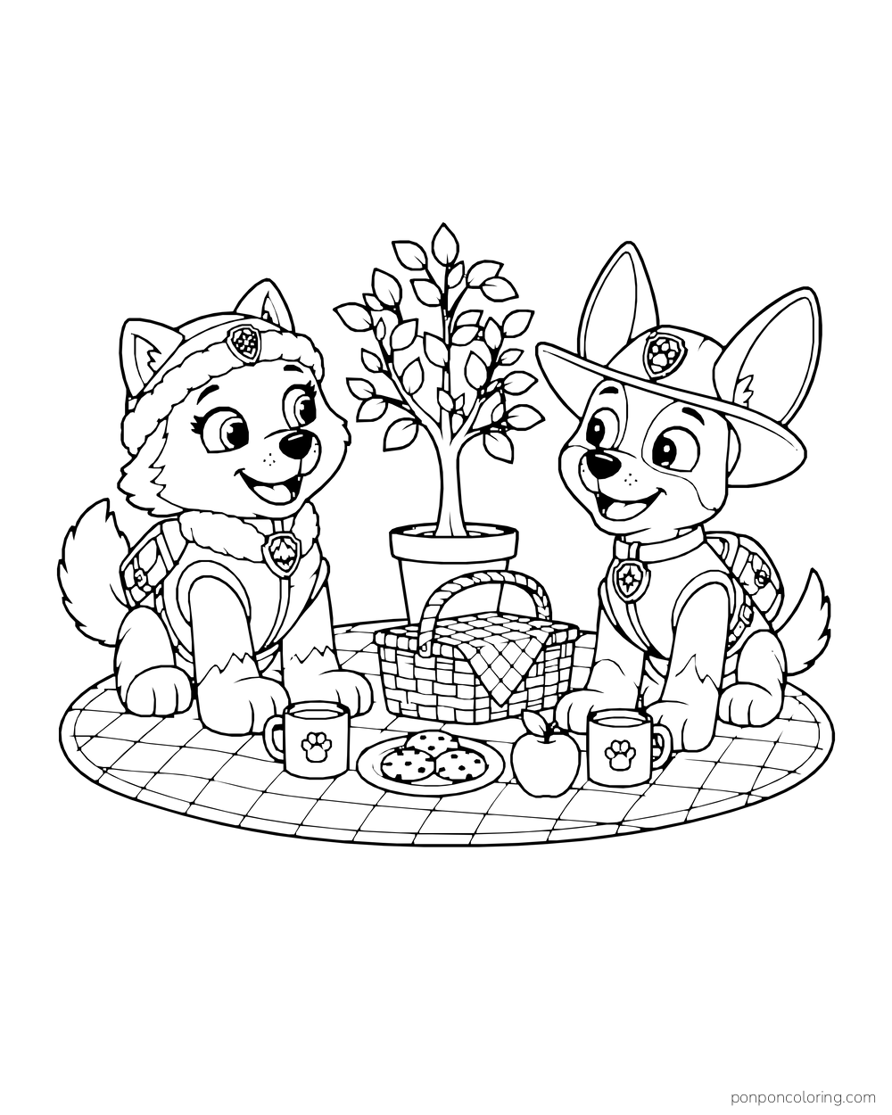 Everest and Tracker share mugs, cookies and fruit on a picnic blanket beside a potted tree.