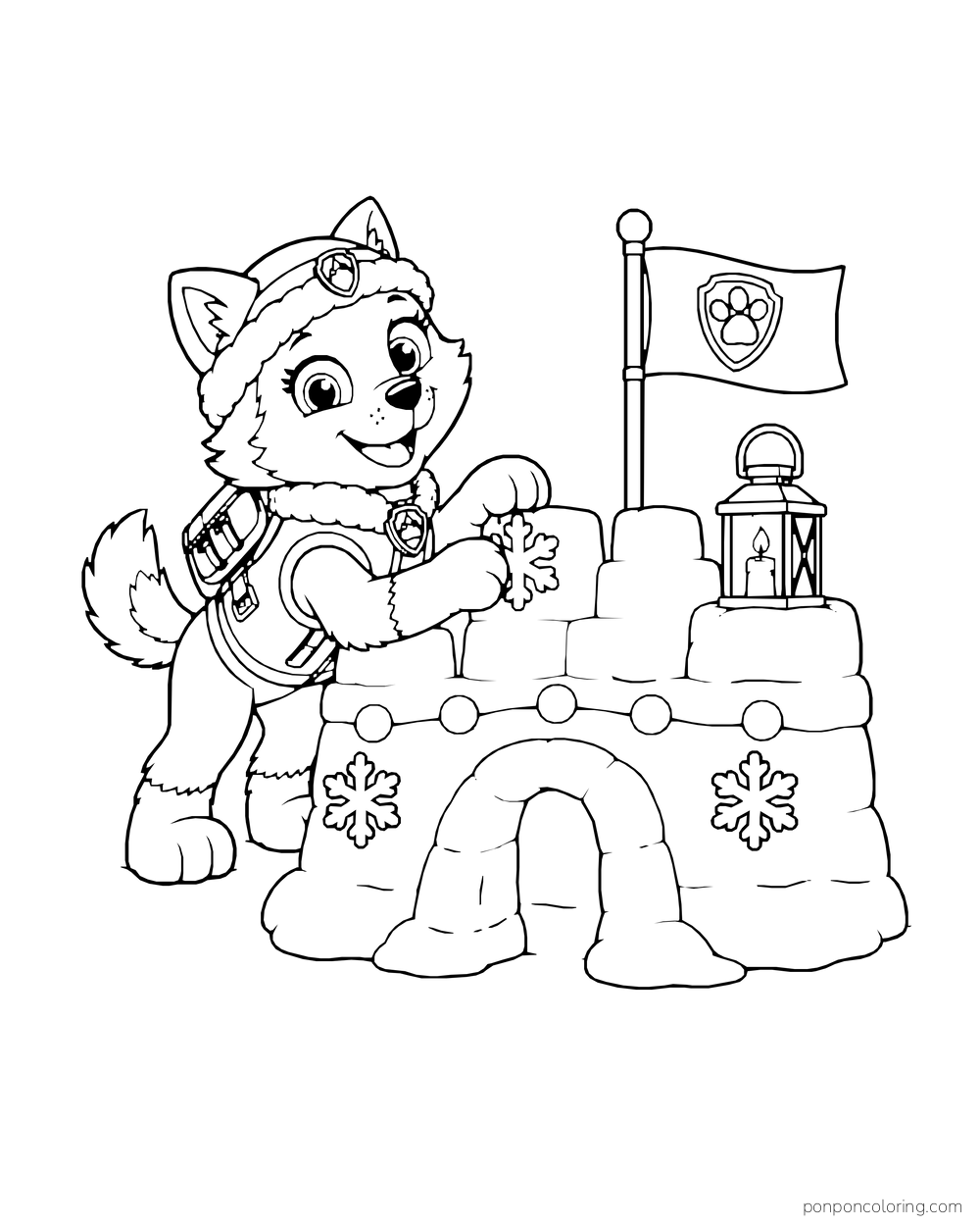 Everest sits at a snow fort with a snowflake flag and a lantern.
