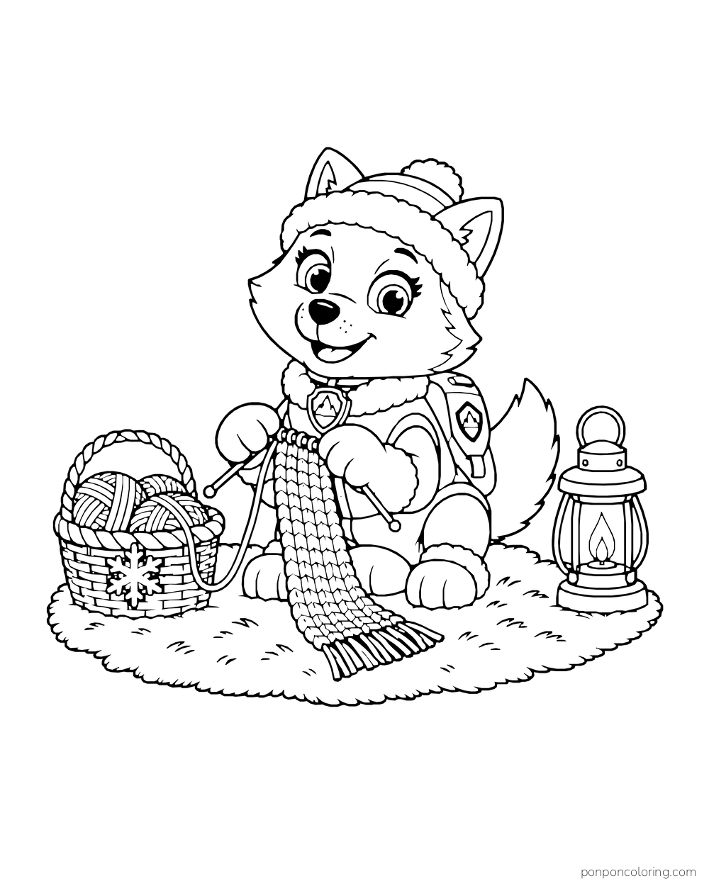 Everest knits a scarf on a fluffy rug beside a yarn basket and lantern.