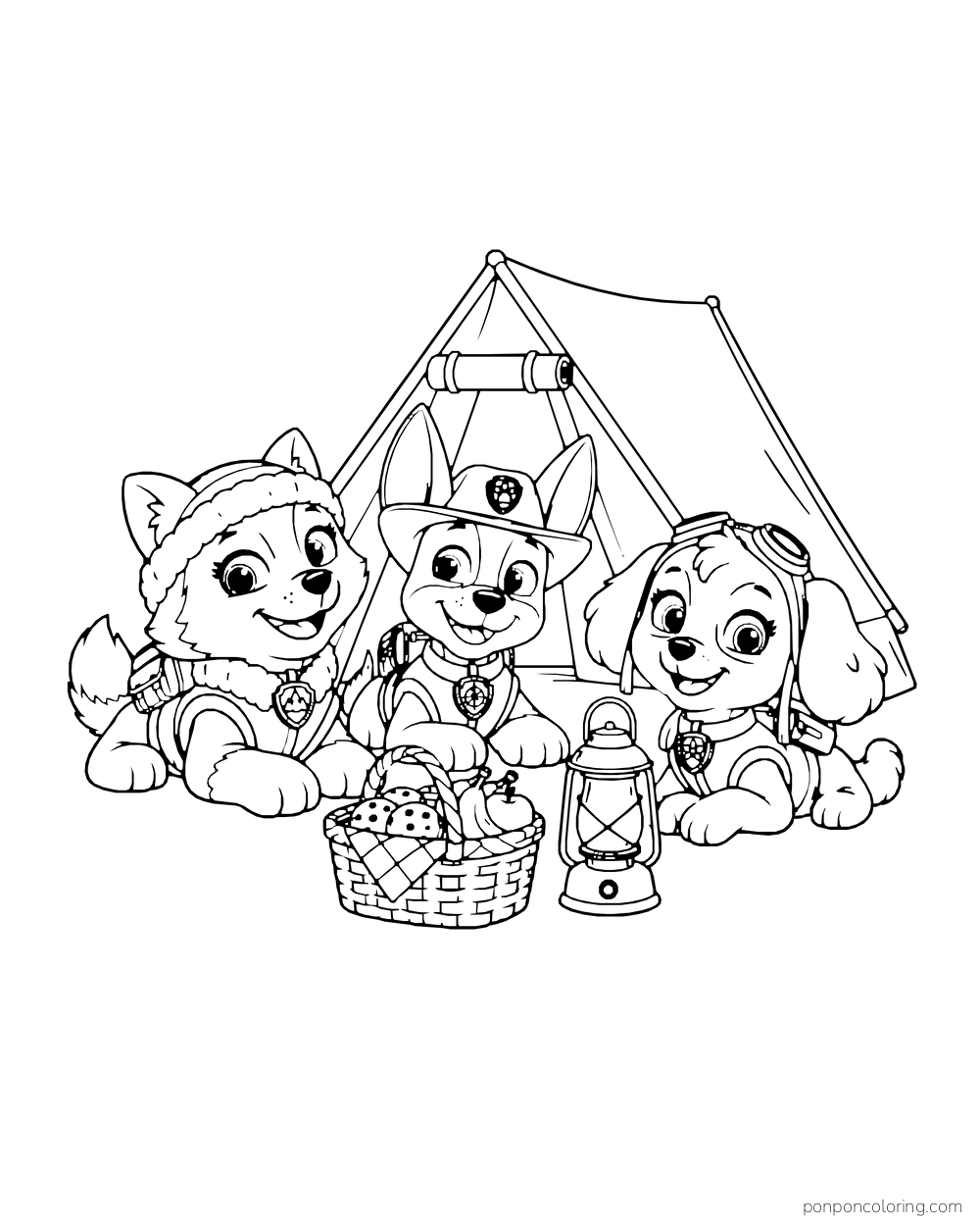 Everest, Tracker and Skye sit outside a tent with a picnic basket and lantern.