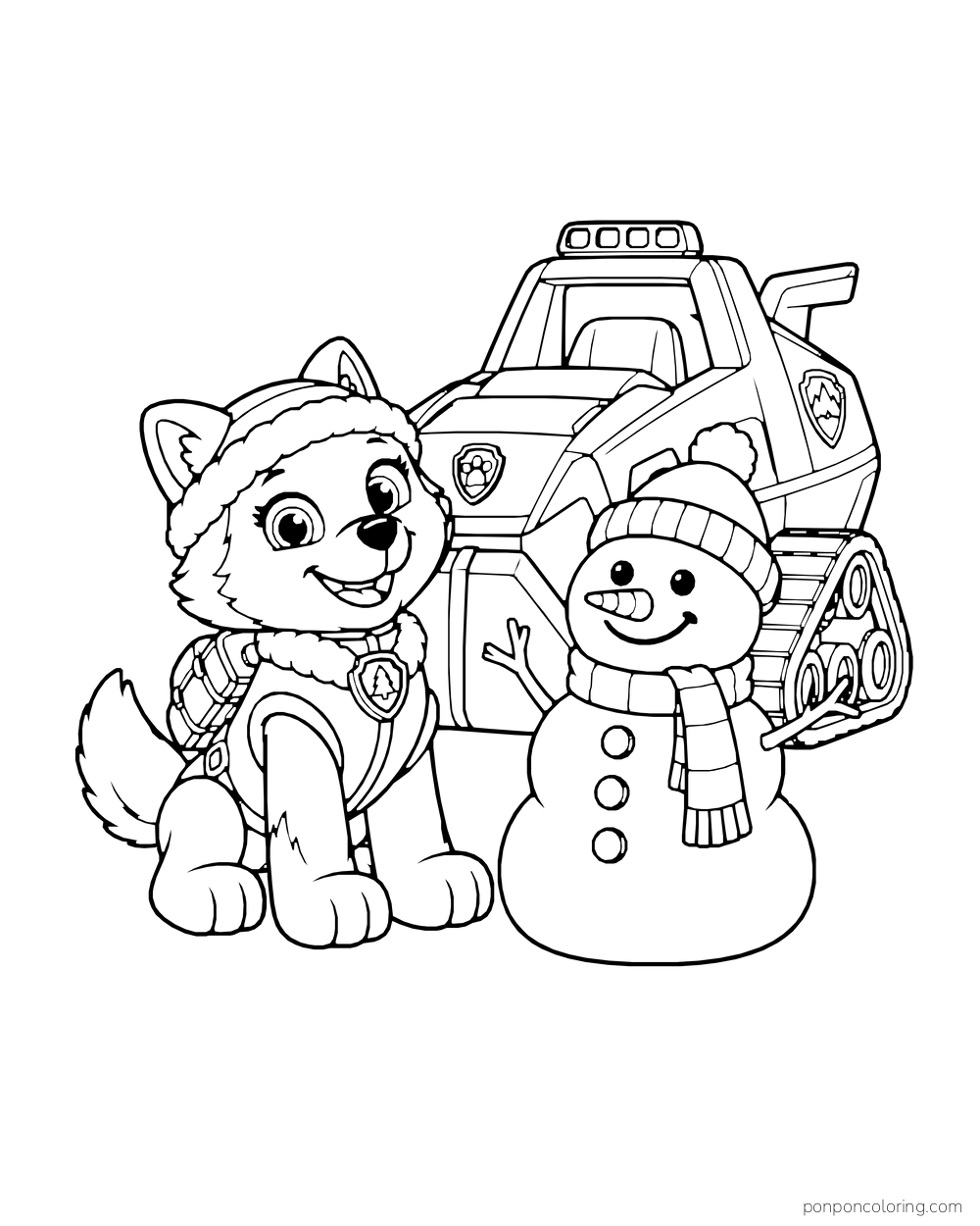 Everest sits beside a snow vehicle and a snowman wearing a scarf.