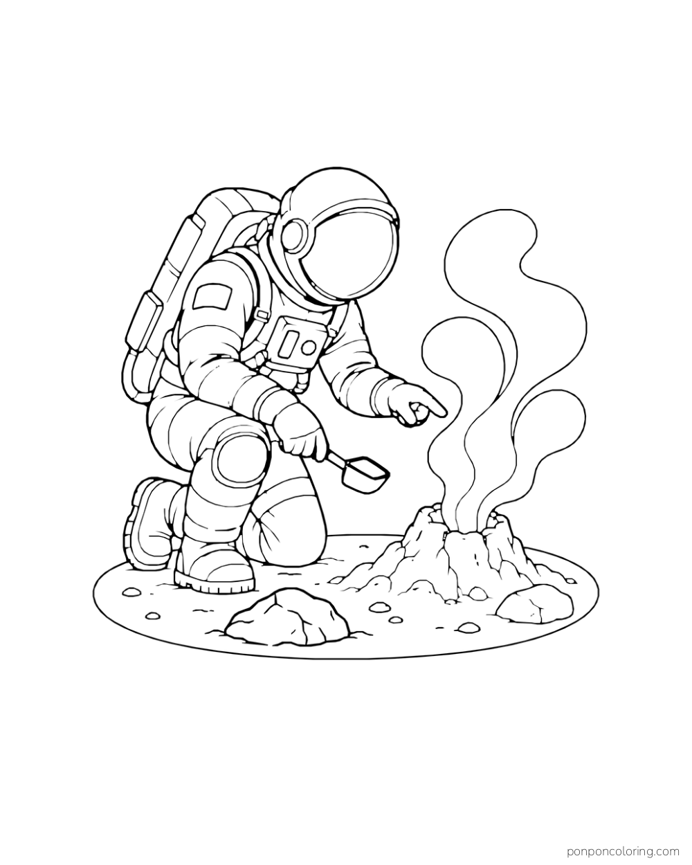 A kneeling astronaut looks at a small rocky vent with curving wisps above it.
