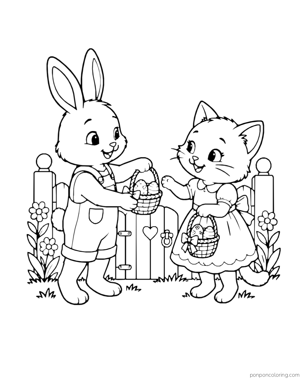 A rabbit and kitten exchange small baskets of patterned Easter eggs beside a flower-lined garden gate.