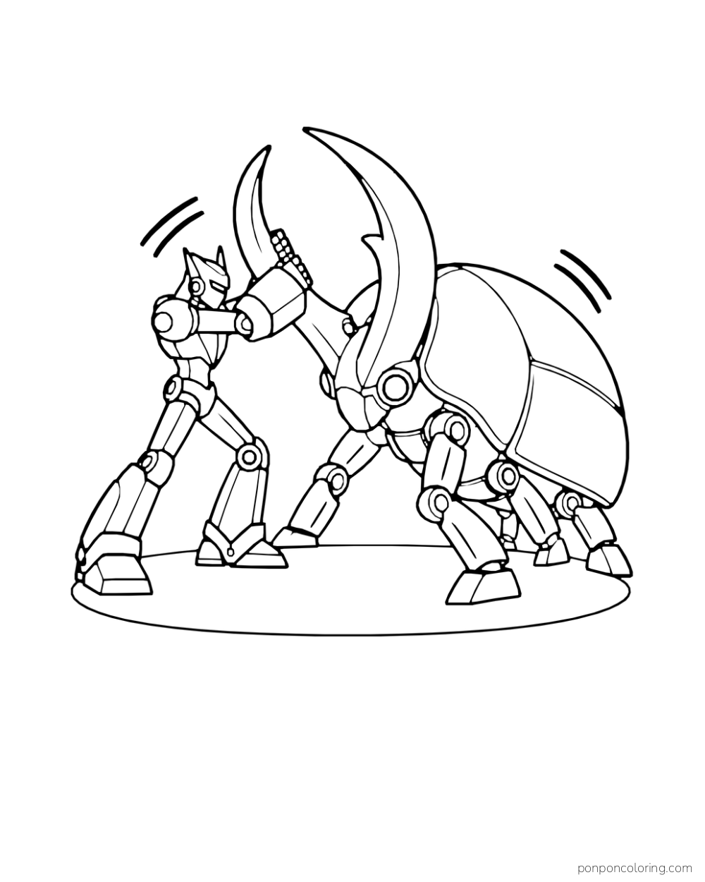 Tall robot braces its gauntlets against a giant mechanical beetle horn.